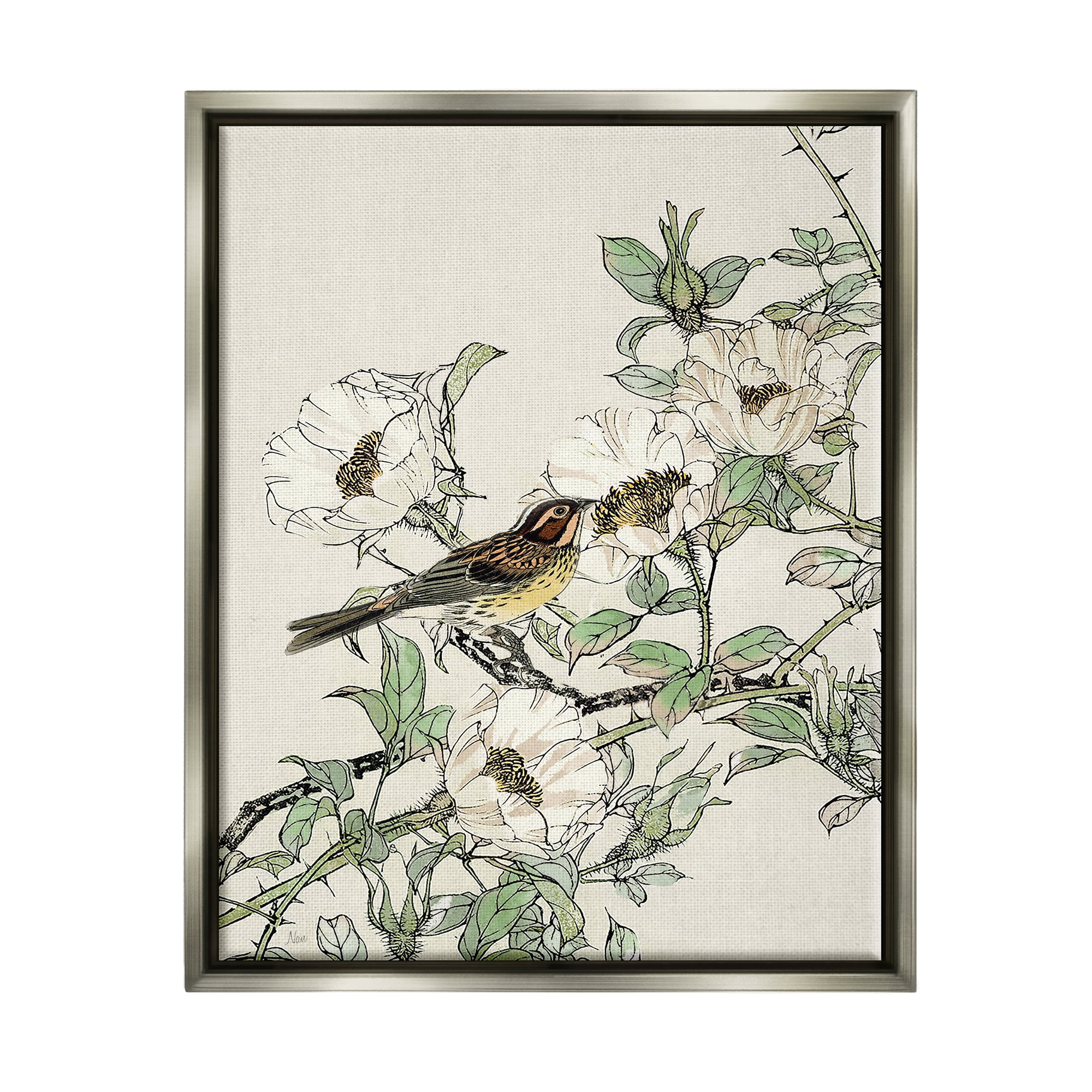 Stupell Industries Delicate Bird & Blossoms Botanical & Floral Painting Gray Floater Framed Canvas Art Print Wall Art, 25 x 31