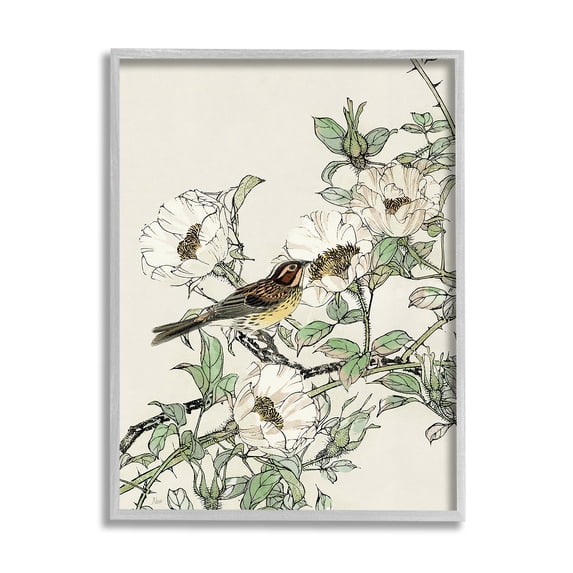 Stupell Industries Delicate Bird & Blossoms Botanical & Floral Painting Gray Framed Art Print Wall Art, 11 x 14
