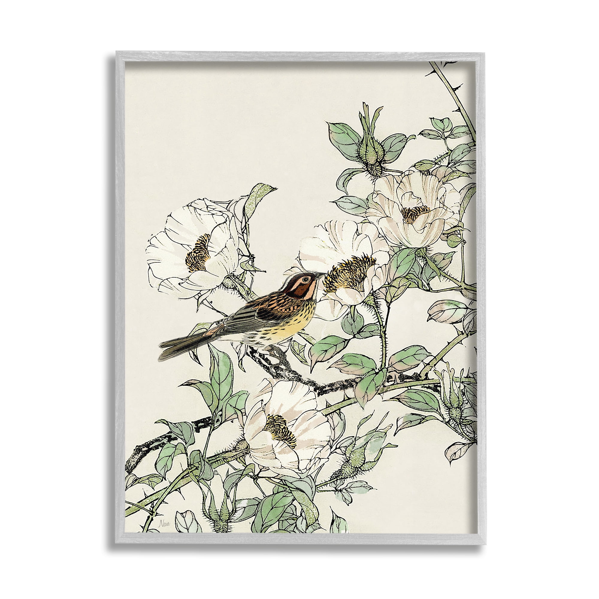 Stupell Industries Delicate Bird & Blossoms Botanical & Floral Painting Gray Framed Art Print Wall Art, 24 x 30