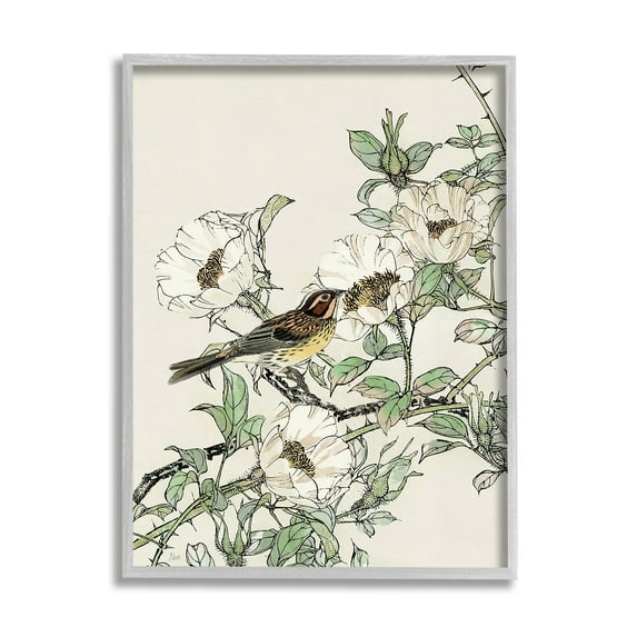 Stupell Industries Delicate Bird & Blossoms Botanical & Floral Painting Gray Framed Art Print Wall Art, 24 x 30