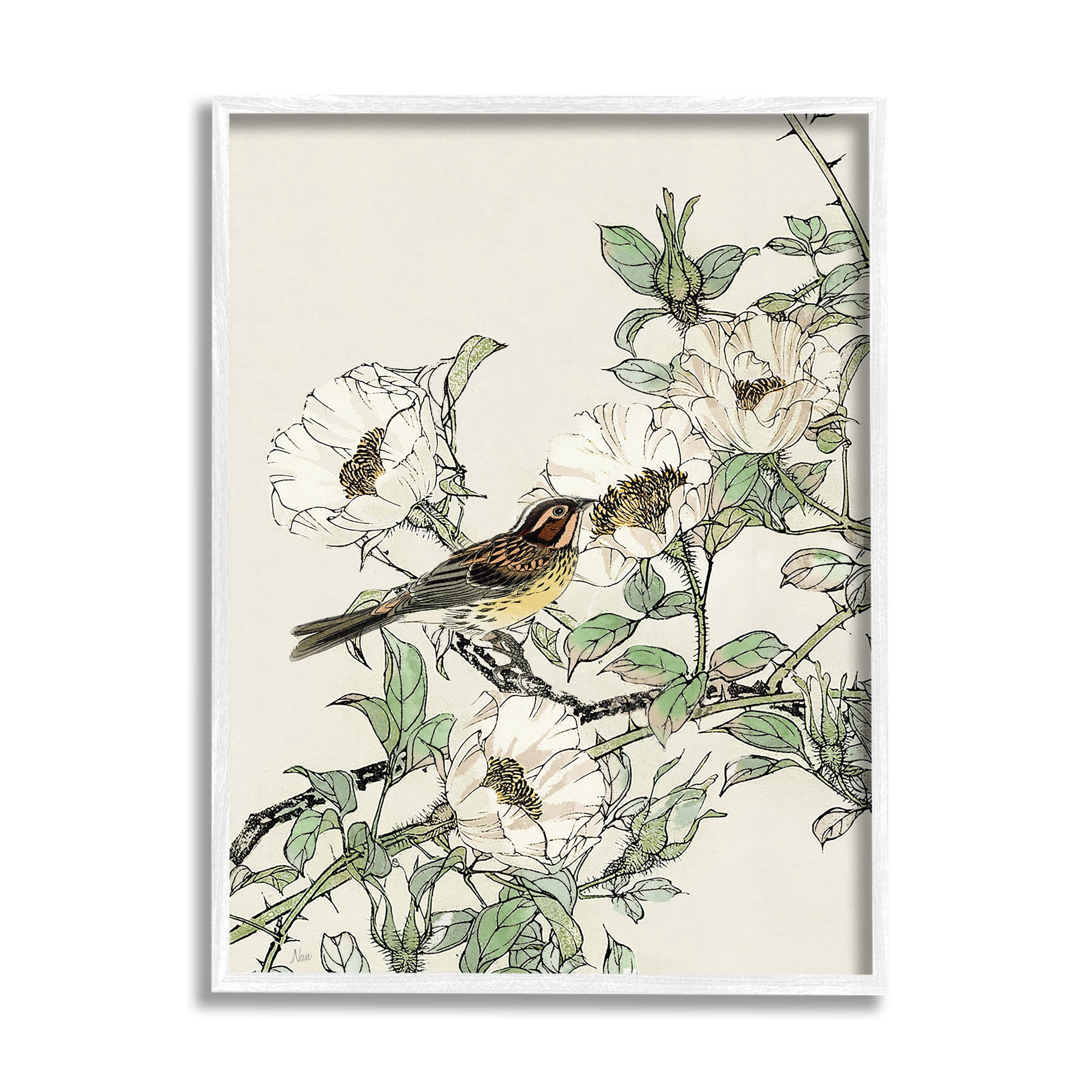 Stupell Industries Delicate Bird & Blossoms Botanical & Floral Painting White Framed Art Print Wall Art, 11 x 14