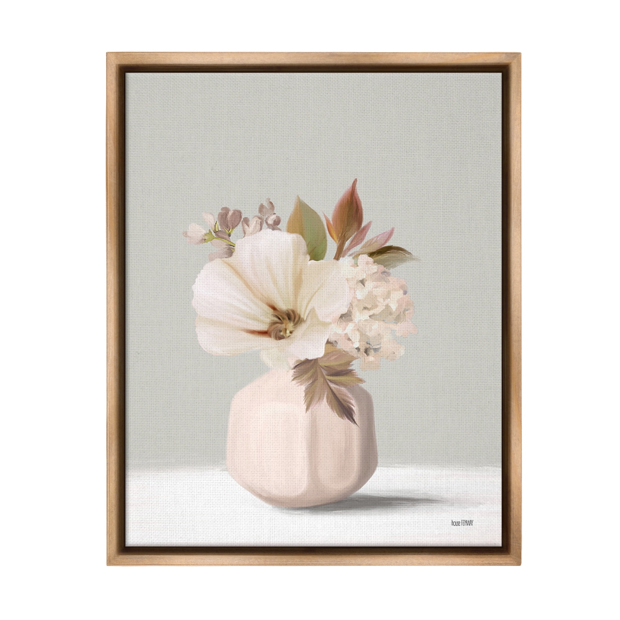 Stupell Industries Delicate Blooms in Vase Botanical & Floral Painting Brown Floater Framed Canvas Art Print Wall Art, 17 x 21