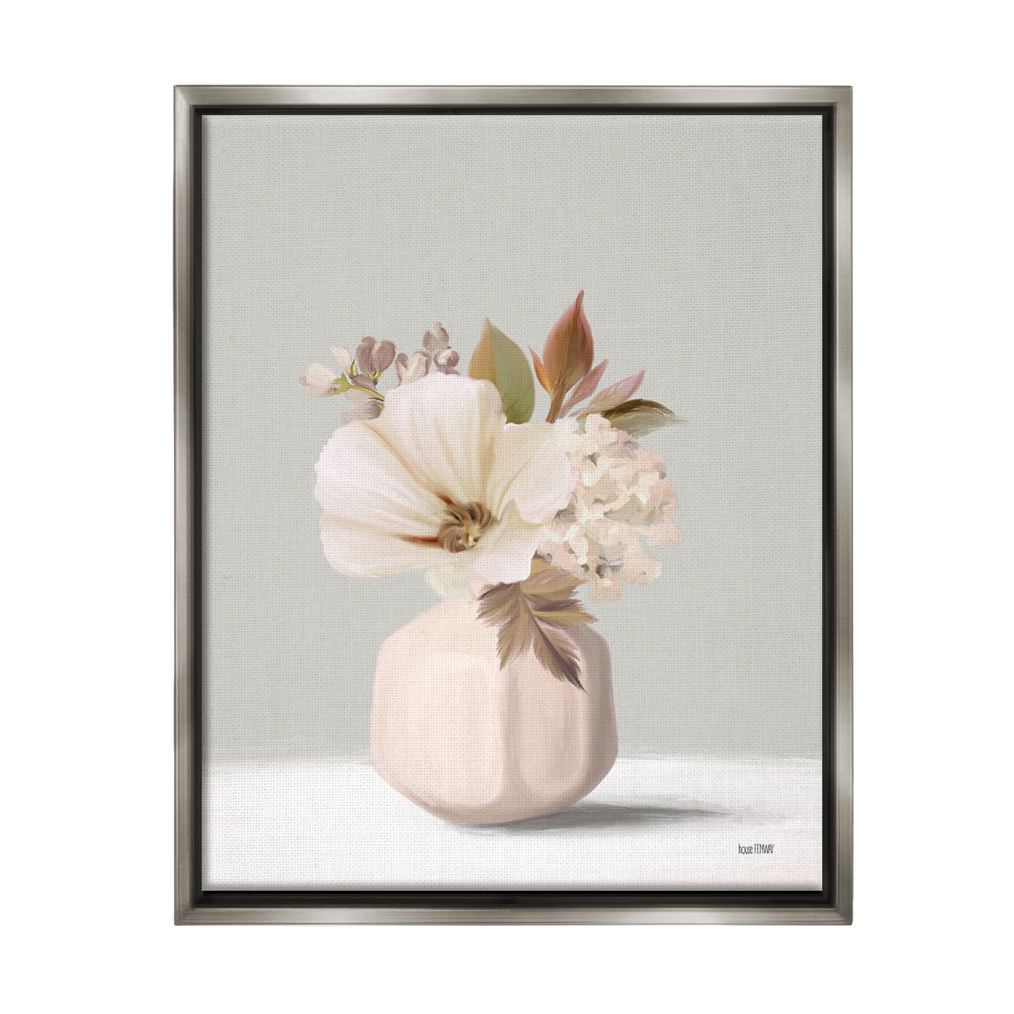 Stupell Industries Delicate Blooms in Vase Botanical & Floral Painting Gray Floater Framed Canvas Art Print Wall Art, 25 x 31