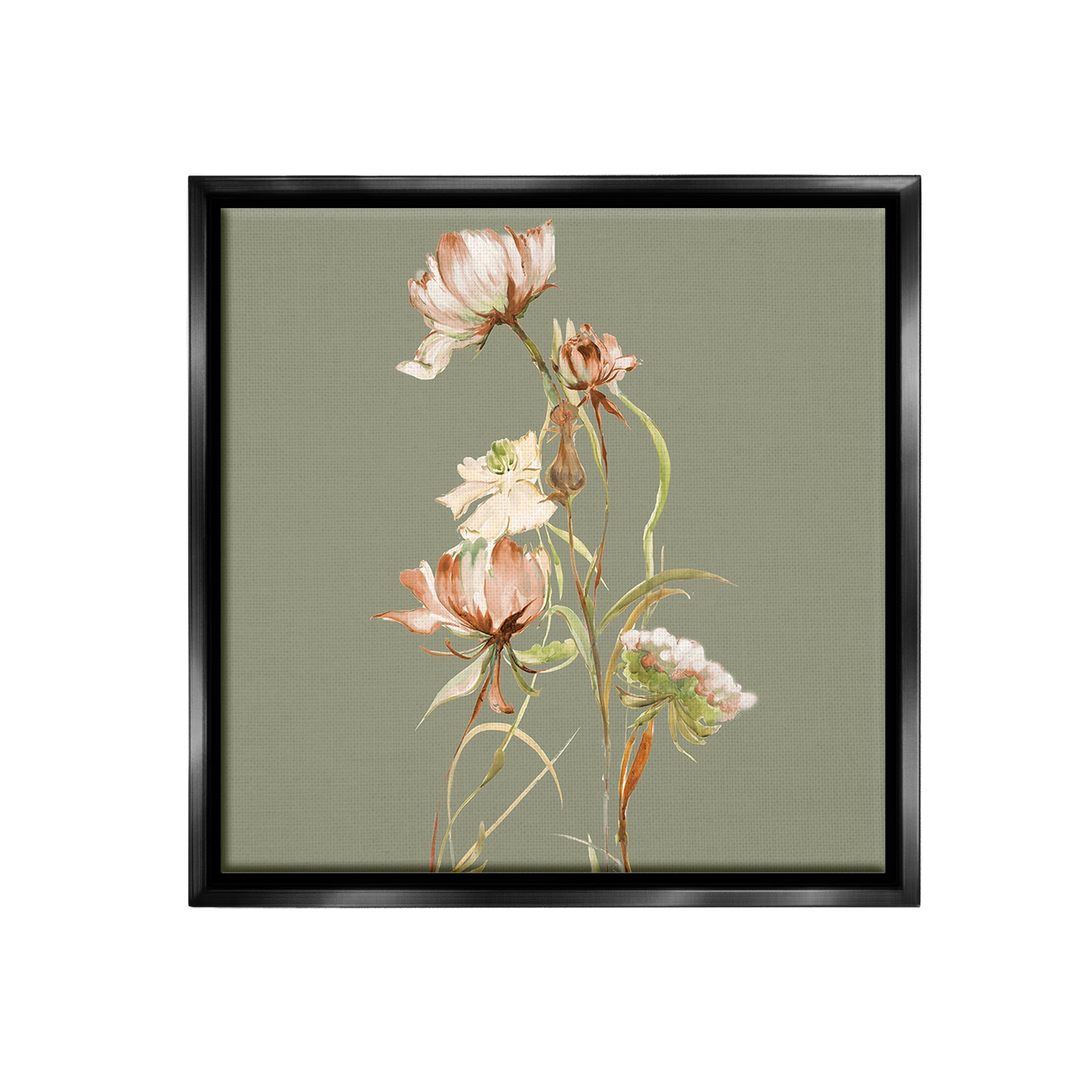 Stupell Industries Delicate Blooms on Green Botanical & Floral Painting Black Floater Framed Canvas Art Print Wall Art, 25 x 25