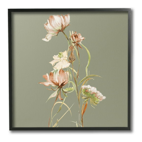 Stupell Industries Delicate Blooms on Green Botanical & Floral Painting Black Framed Art Print Wall Art, 12 x 12