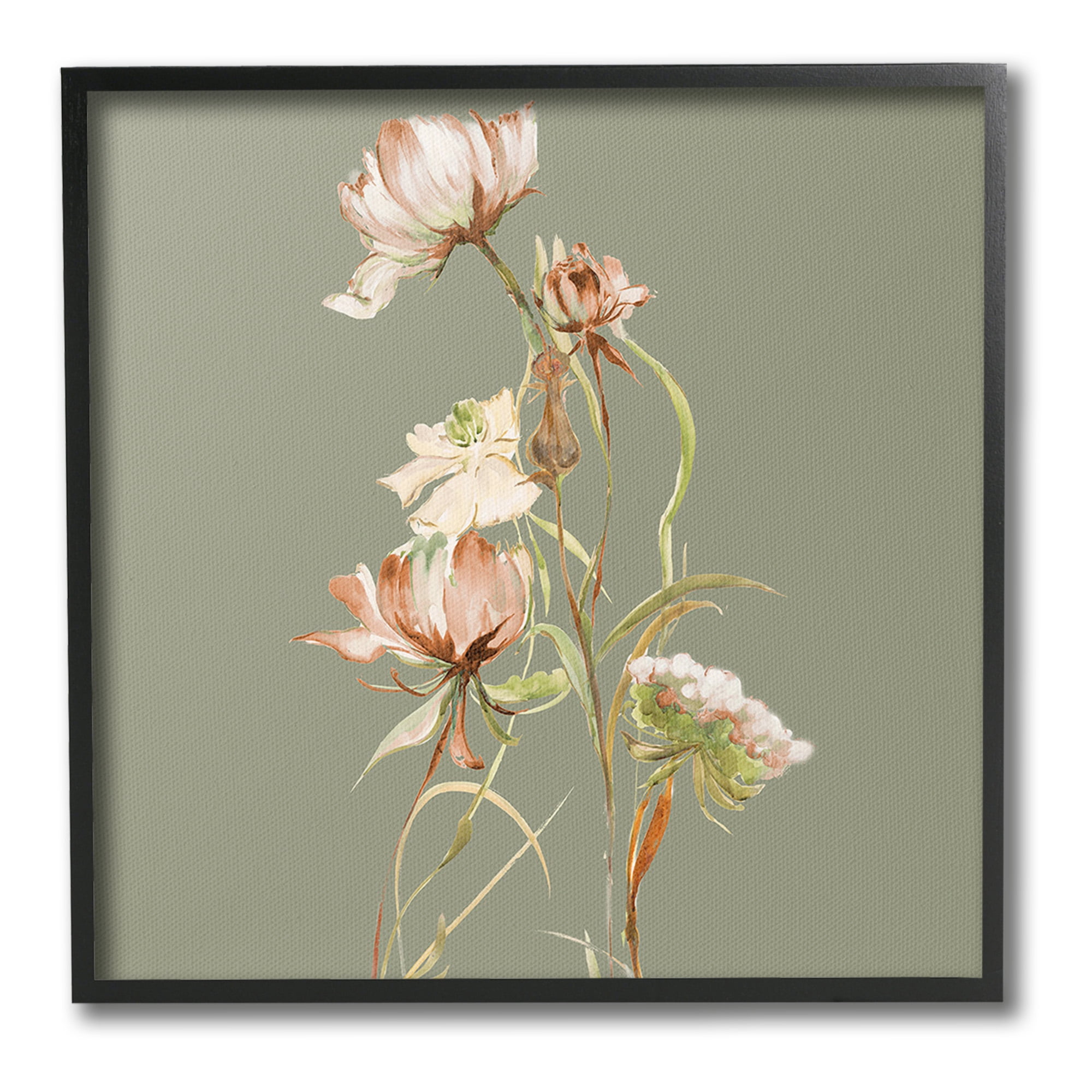 Stupell Industries Delicate Blooms on Green Botanical & Floral Painting Black Framed Art Print Wall Art, 17 x 17