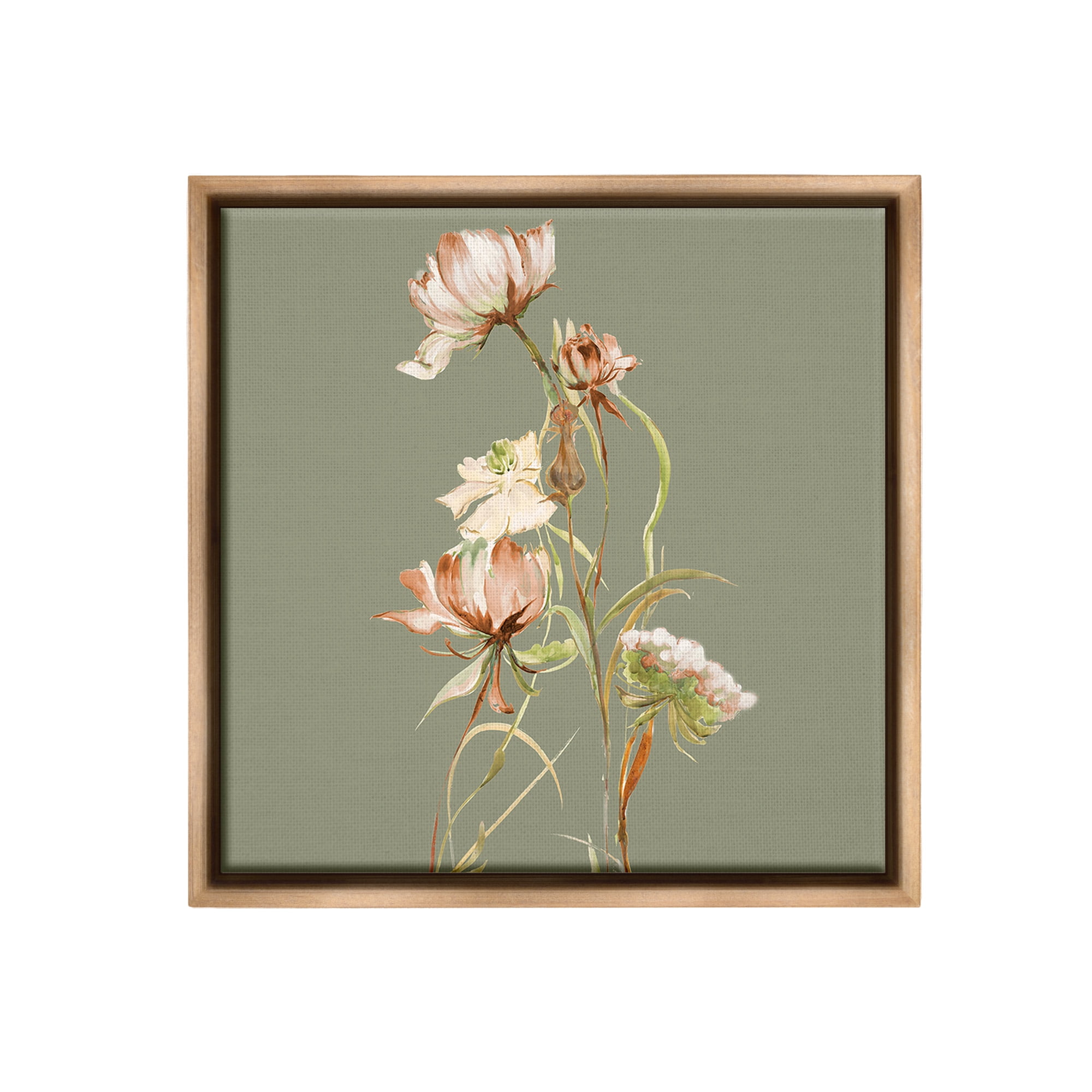 Stupell Industries Delicate Blooms on Green Botanical & Floral Painting Brown Floater Framed Canvas Art Print Wall Art, 18 x 18
