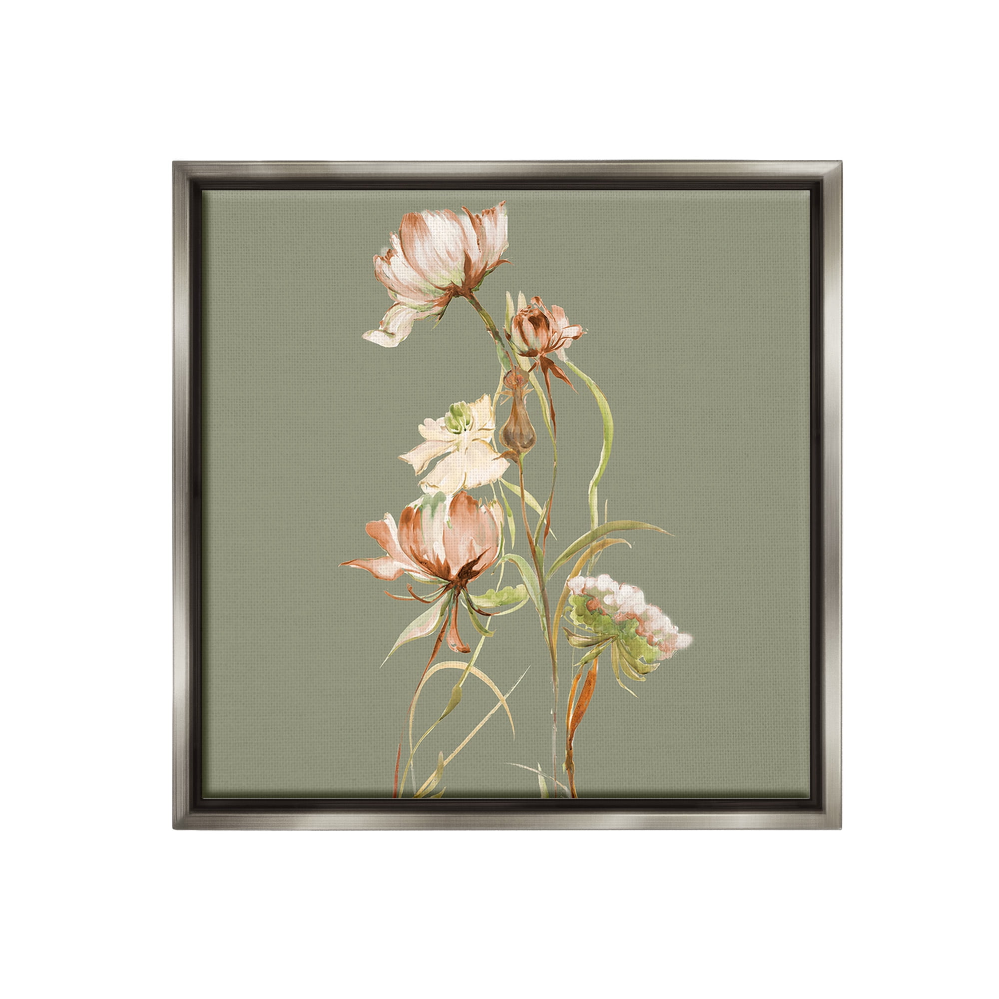Stupell Industries Delicate Blooms on Green Botanical & Floral Painting Gray Floater Framed Canvas Art Print Wall Art, 25 x 25