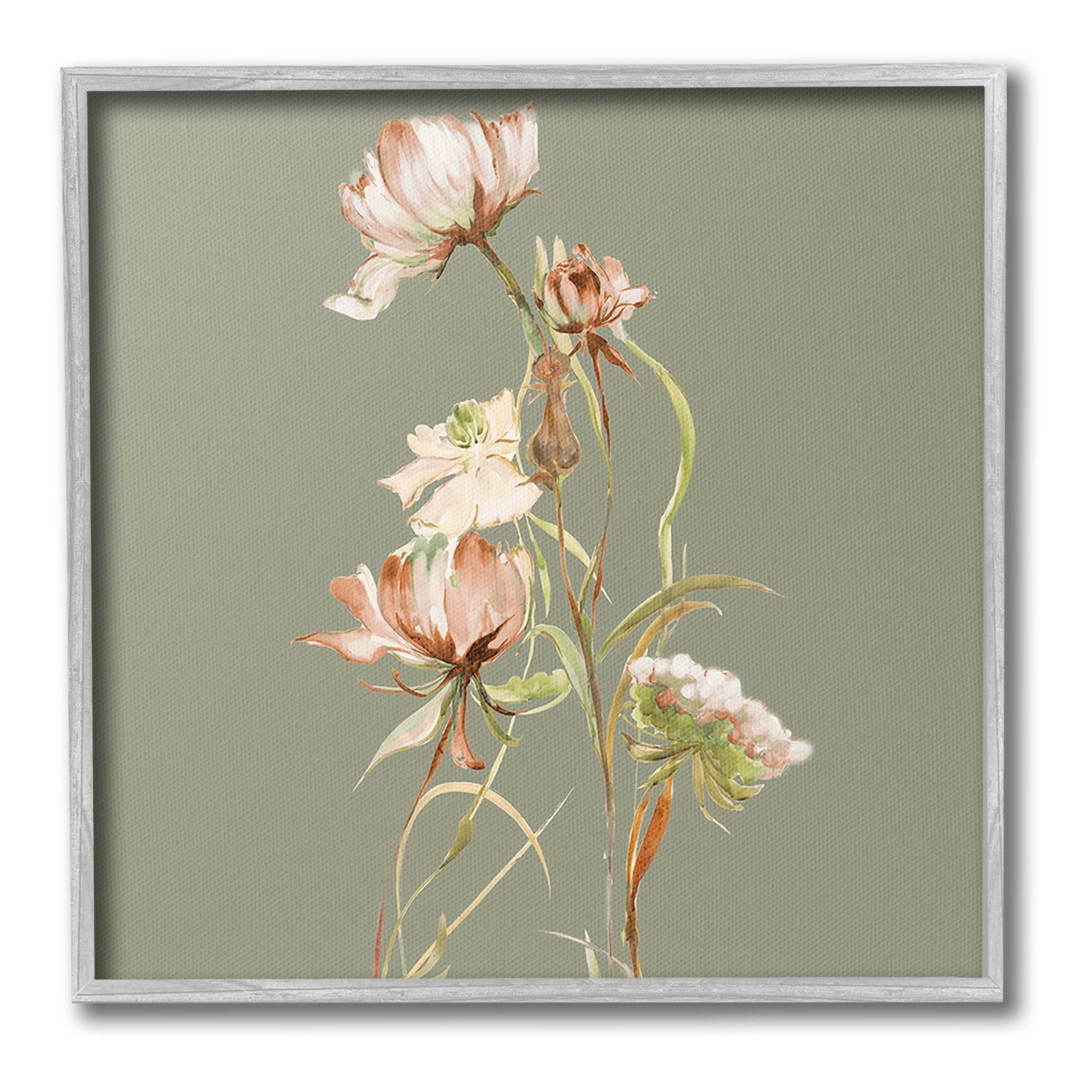 Stupell Industries Delicate Blooms on Green Botanical & Floral Painting Gray Framed Art Print Wall Art, 17 x 17