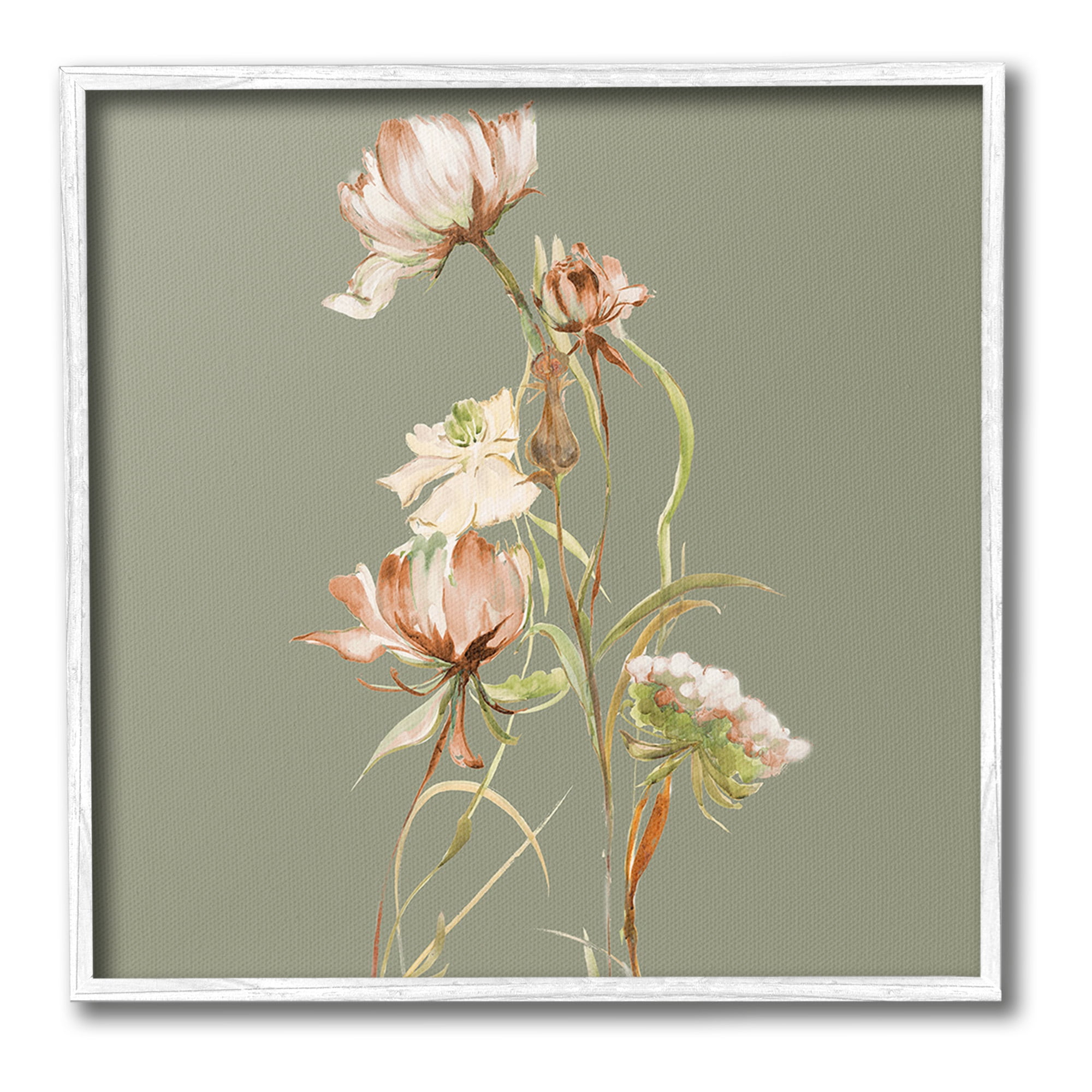 Stupell Industries Delicate Blooms on Green Botanical & Floral Painting White Framed Art Print Wall Art, 17 x 17