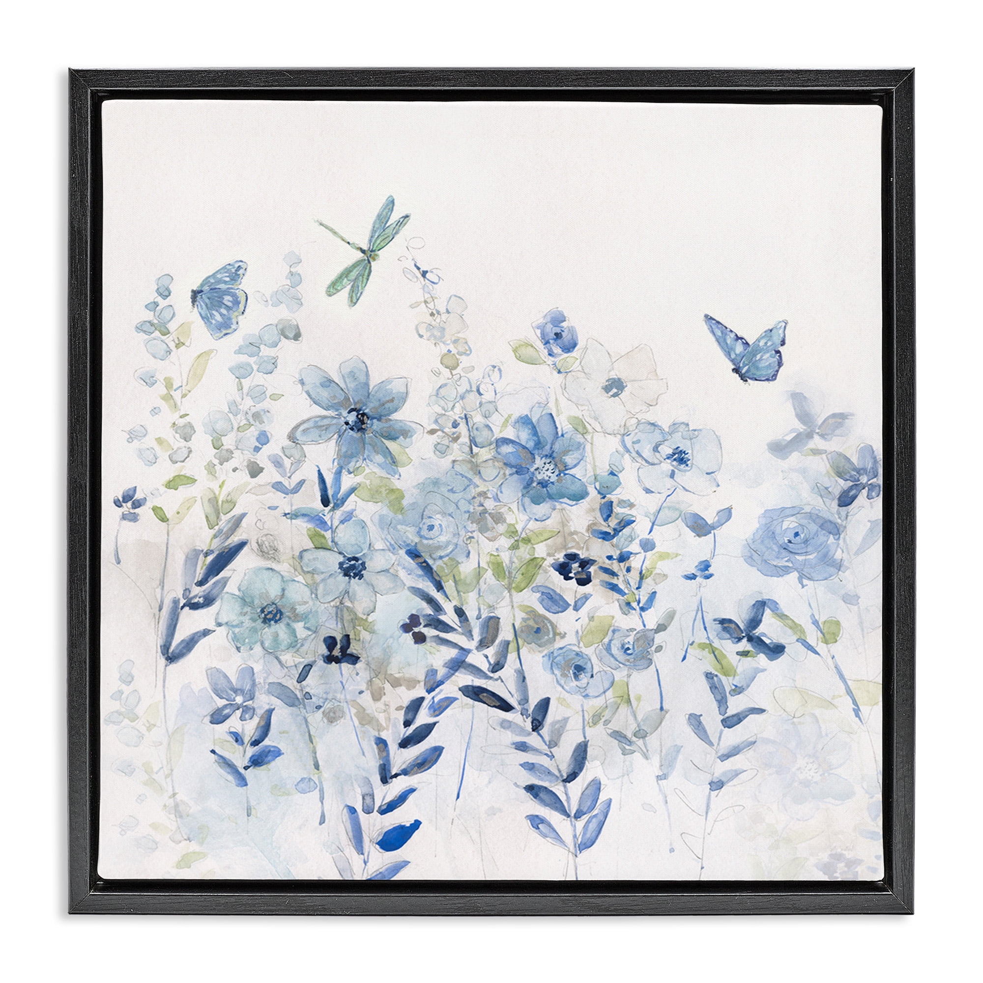 Stupell Industries Delicate Blue Floral Garden Botanical & Floral Painting Black Floater Framed Canvas Art Print Wall Art, 25 x 25