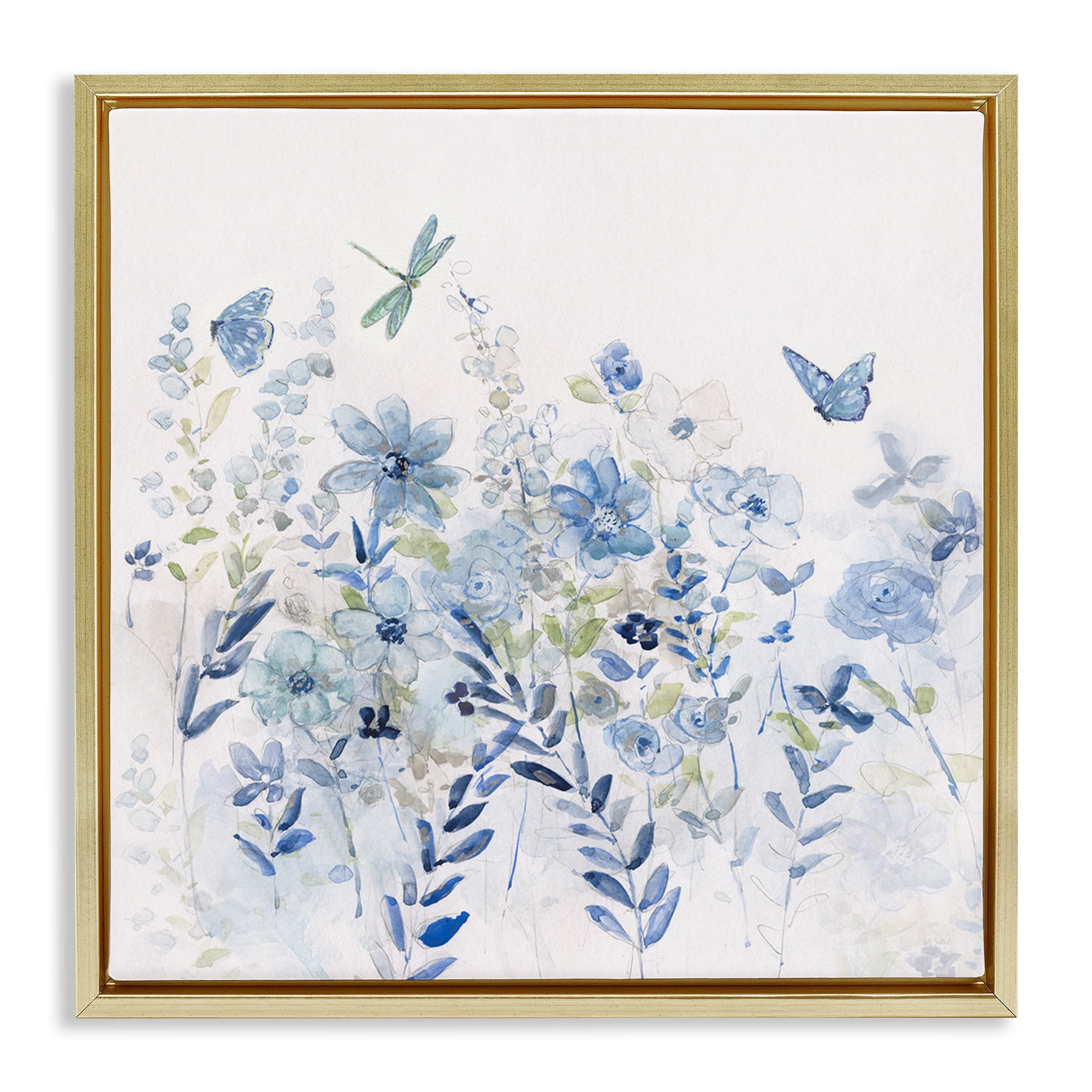 Stupell Industries Delicate Blue Floral Garden Botanical & Floral Painting Gold Floater Framed Canvas Art Print Wall Art, 25 x 25