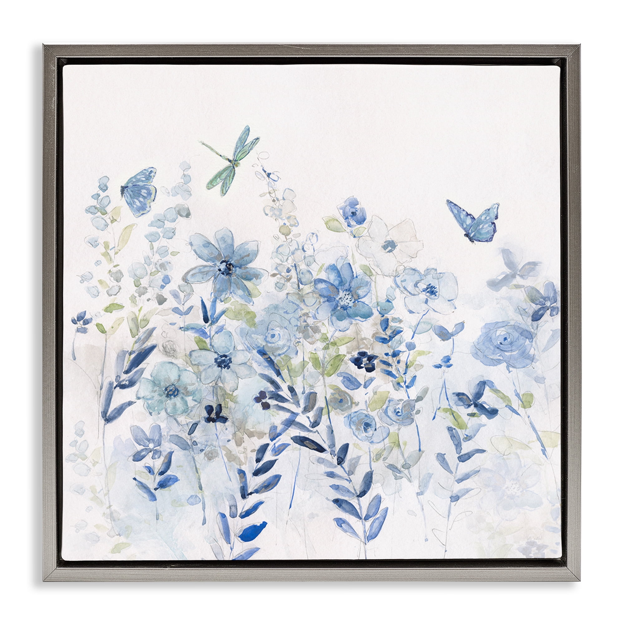 Stupell Industries Delicate Blue Floral Garden Botanical & Floral Painting Gray Floater Framed Canvas Art Print Wall Art, 25 x 25