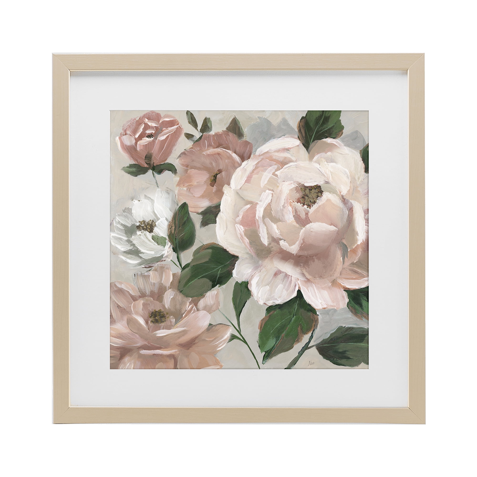 Stupell Industries Delicate Blush Peonies with Leaves Birch Framed Print Under Glass, design by Nan