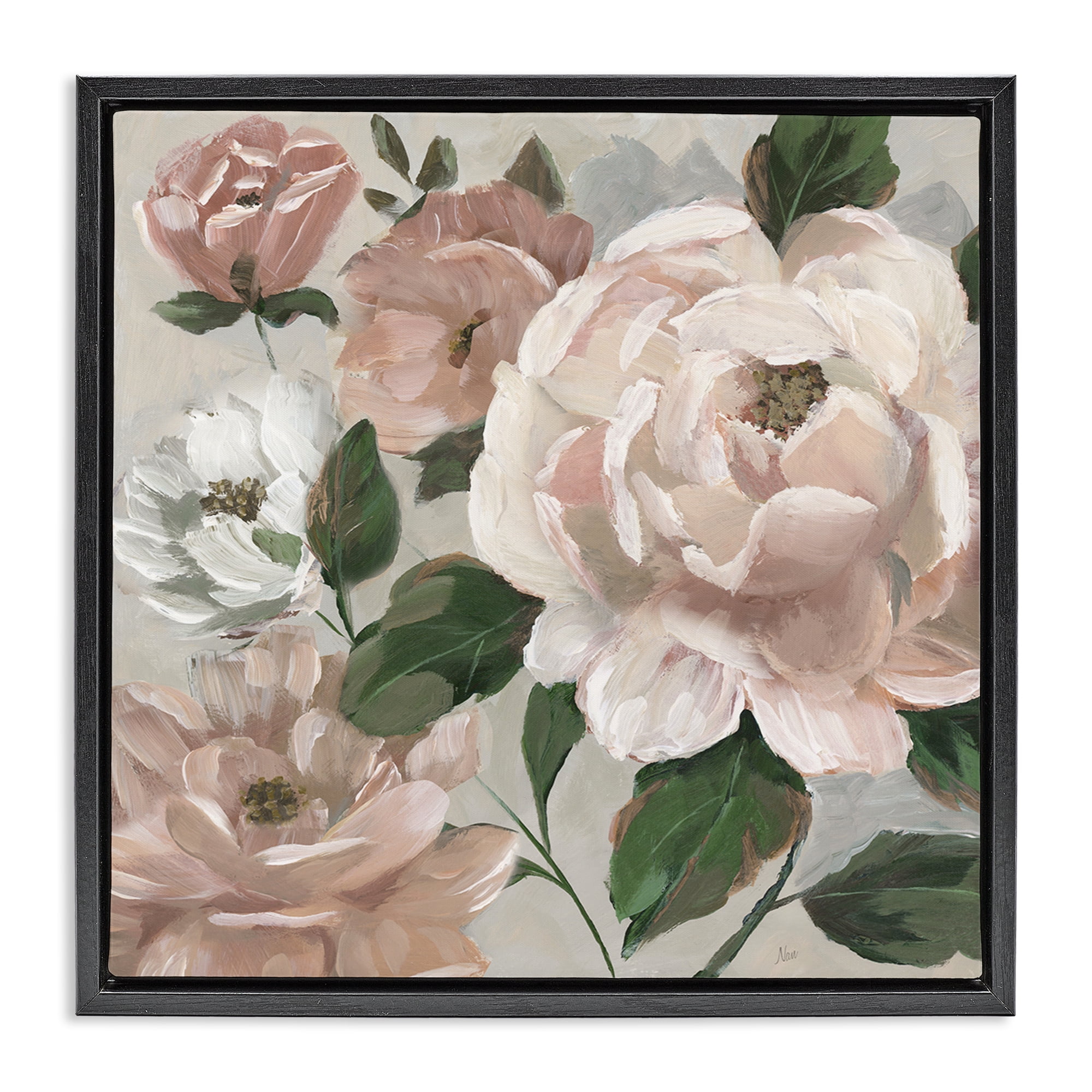 Stupell Industries Delicate Blush Peonies with Leaves Black Framed Floater Canvas Wall Art, design by Nan