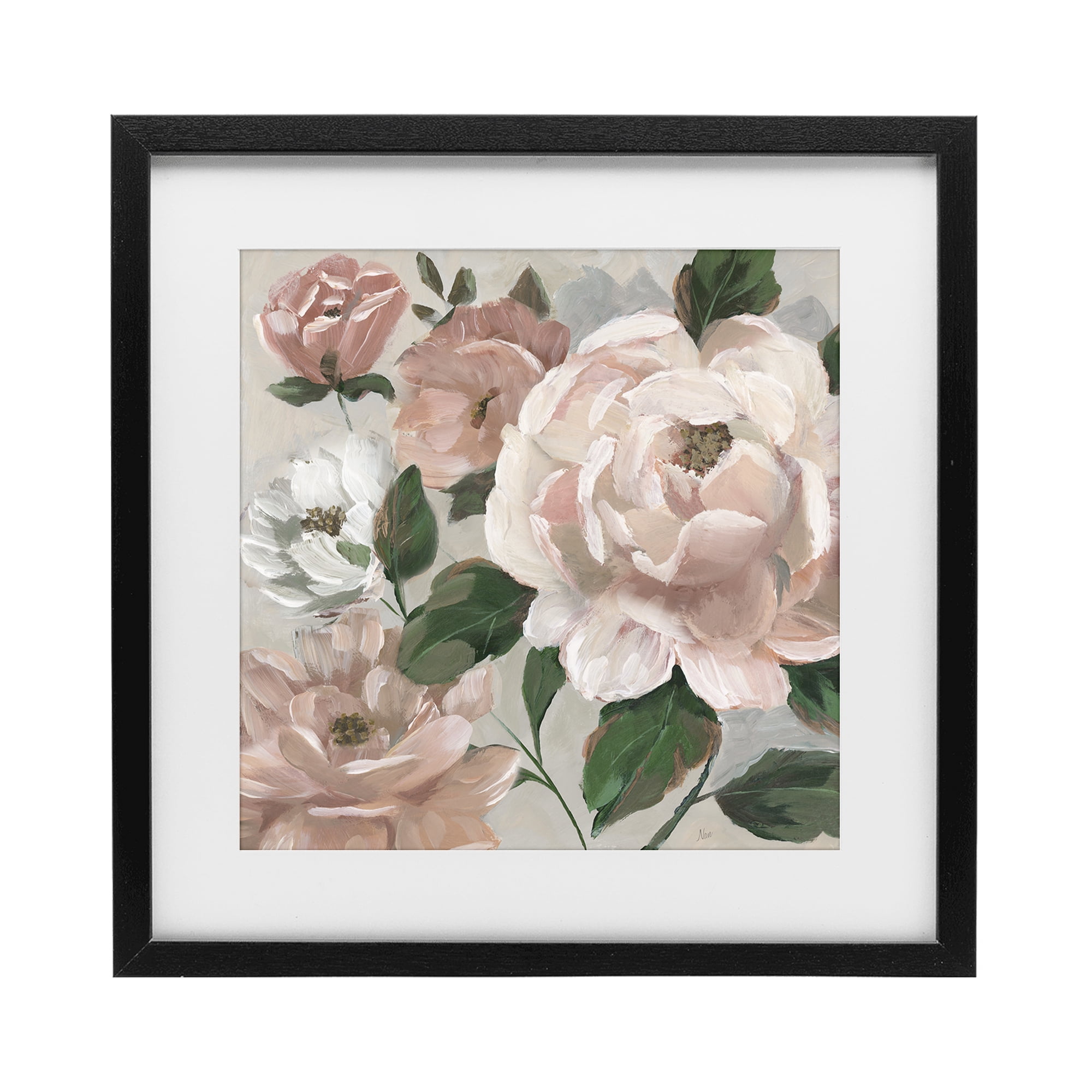 Stupell Industries Delicate Blush Peonies with Leaves Black Framed Print Under Glass, design by Nan