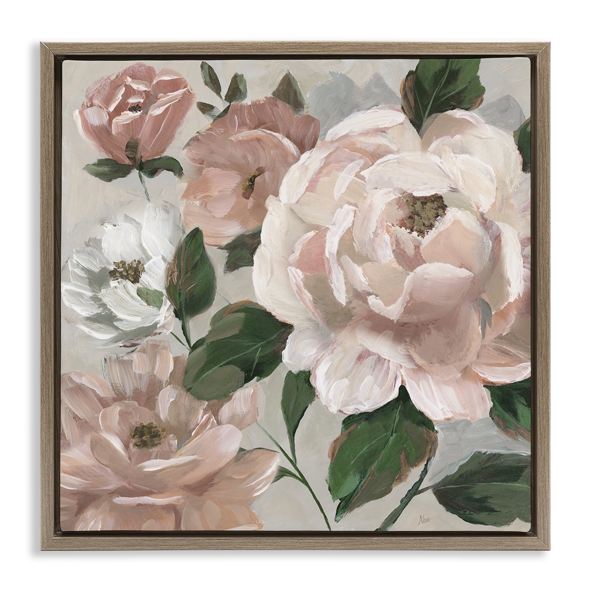 Stupell Industries Delicate Blush Peonies with Leaves Brown Framed Floater Canvas Wall Art, design by Nan