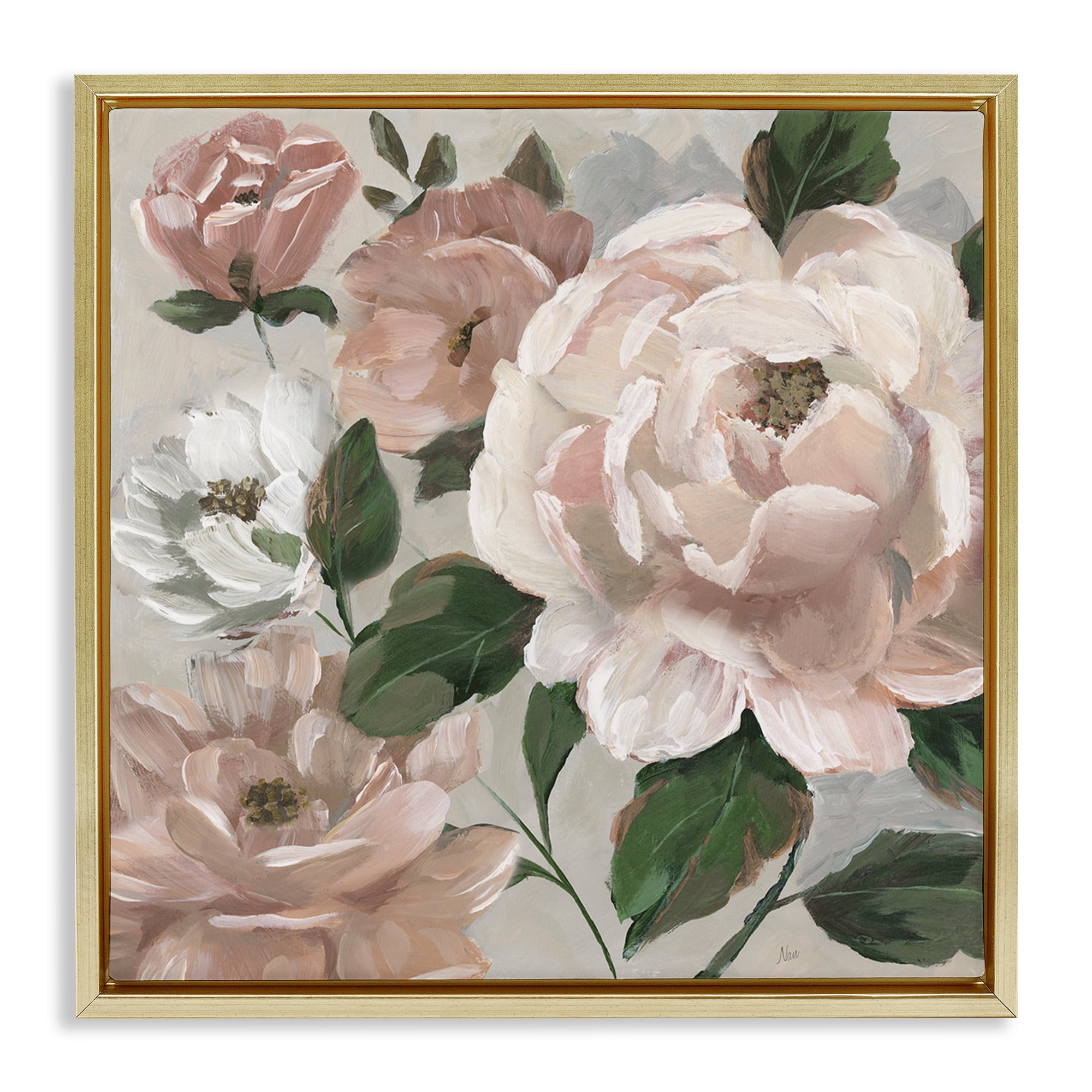 Stupell Industries Delicate Blush Peonies with Leaves Gold Framed Floater Canvas Wall Art, design by Nan