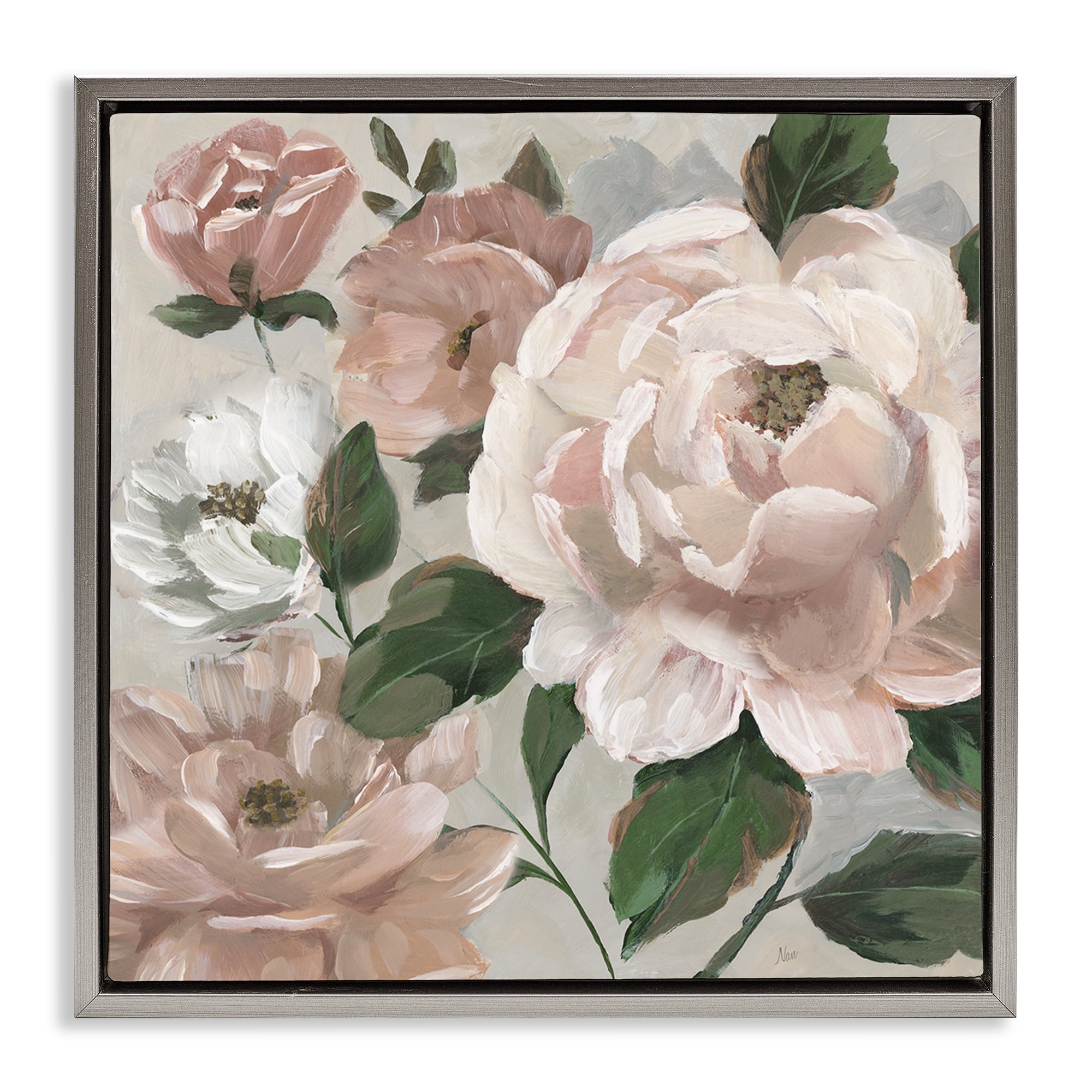 Stupell Industries Delicate Blush Peonies with Leaves Gray Framed Floater Canvas Wall Art, design by Nan