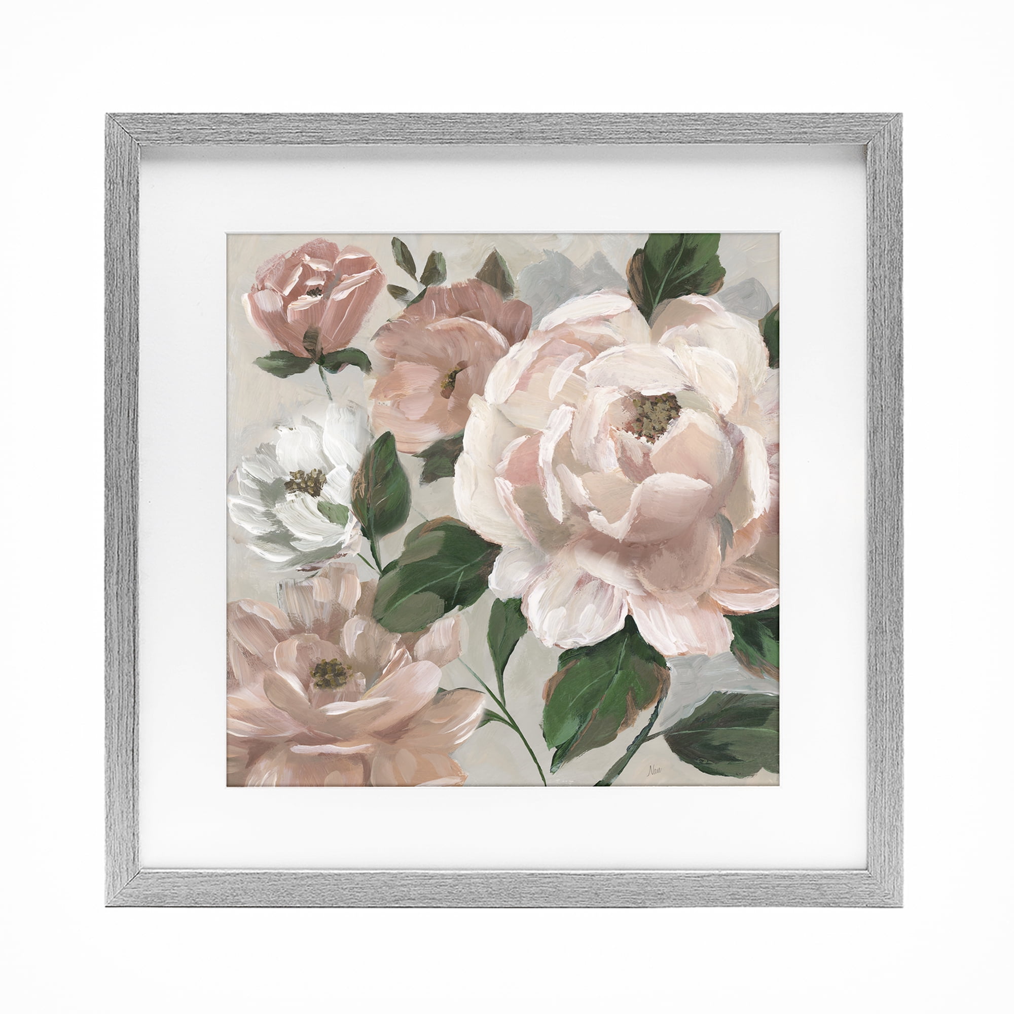 Stupell Industries Delicate Blush Peonies with Leaves Gray Framed Print Under Glass, design by Nan