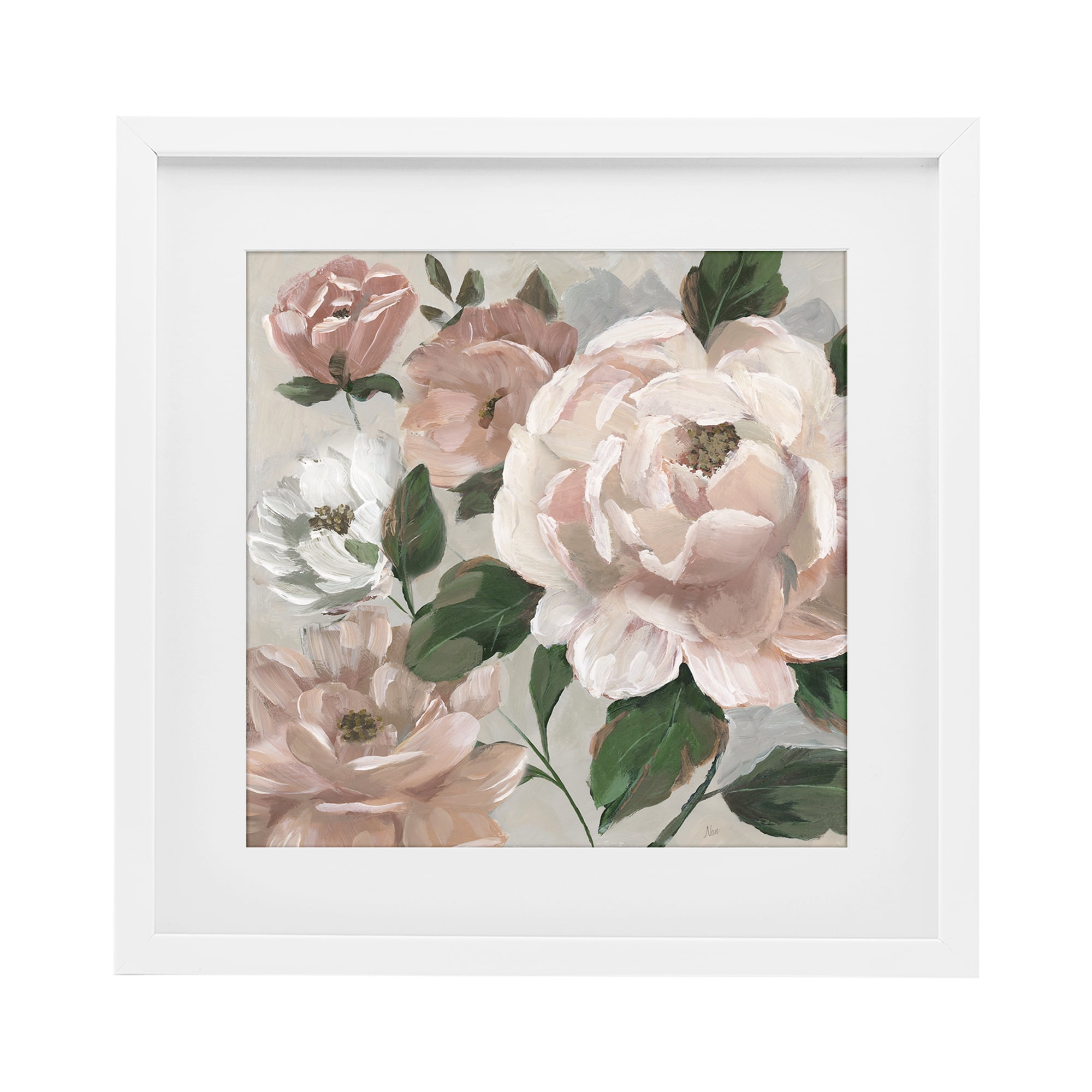 Stupell Industries Delicate Blush Peonies with Leaves White Framed Print Under Glass, design by Nan