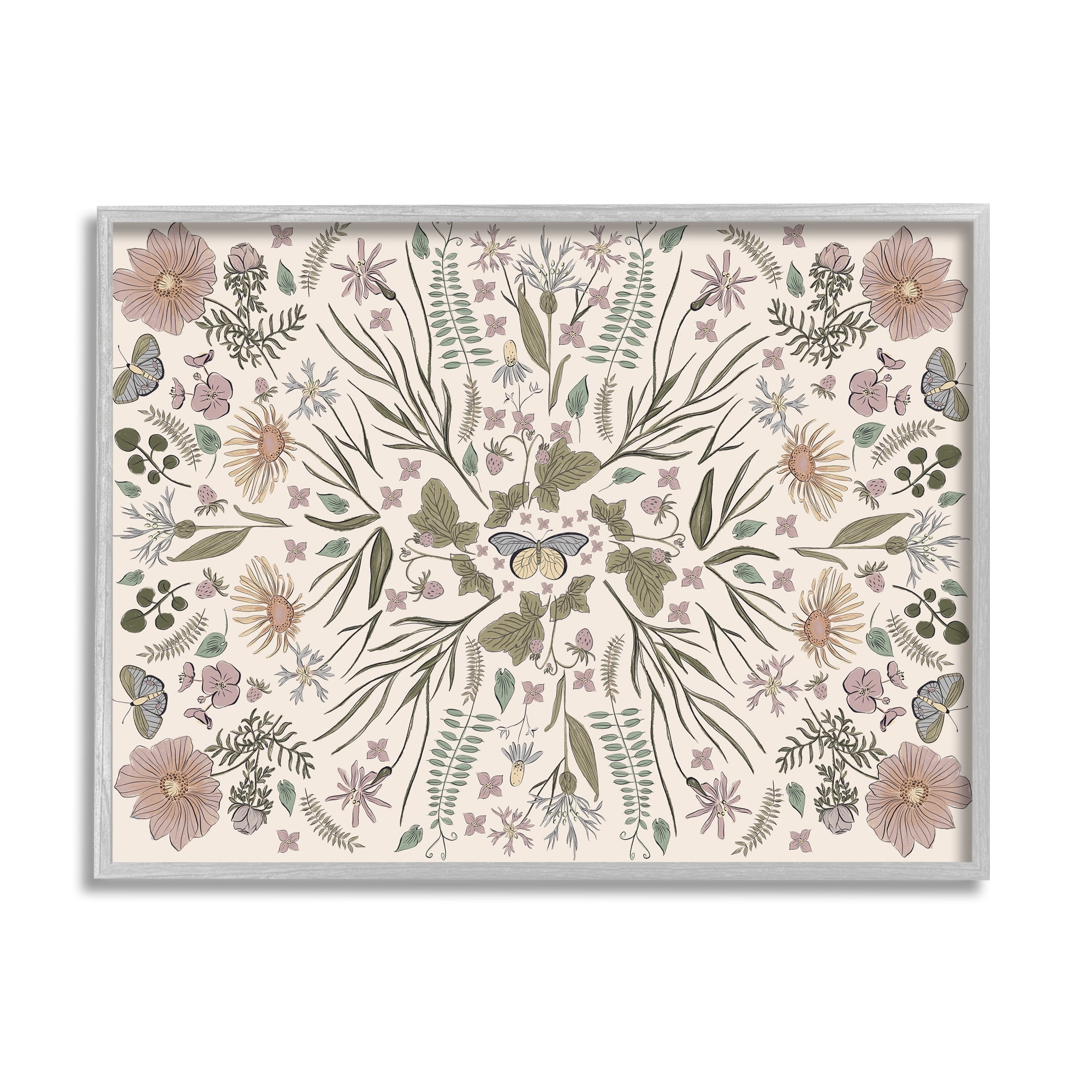 Stupell Industries Delicate Botanical Pattern Intricate Butterfly Insects Motif Graphic Art Gray Framed Art Print Wall Art, Design by Birgit Maria Kiennast