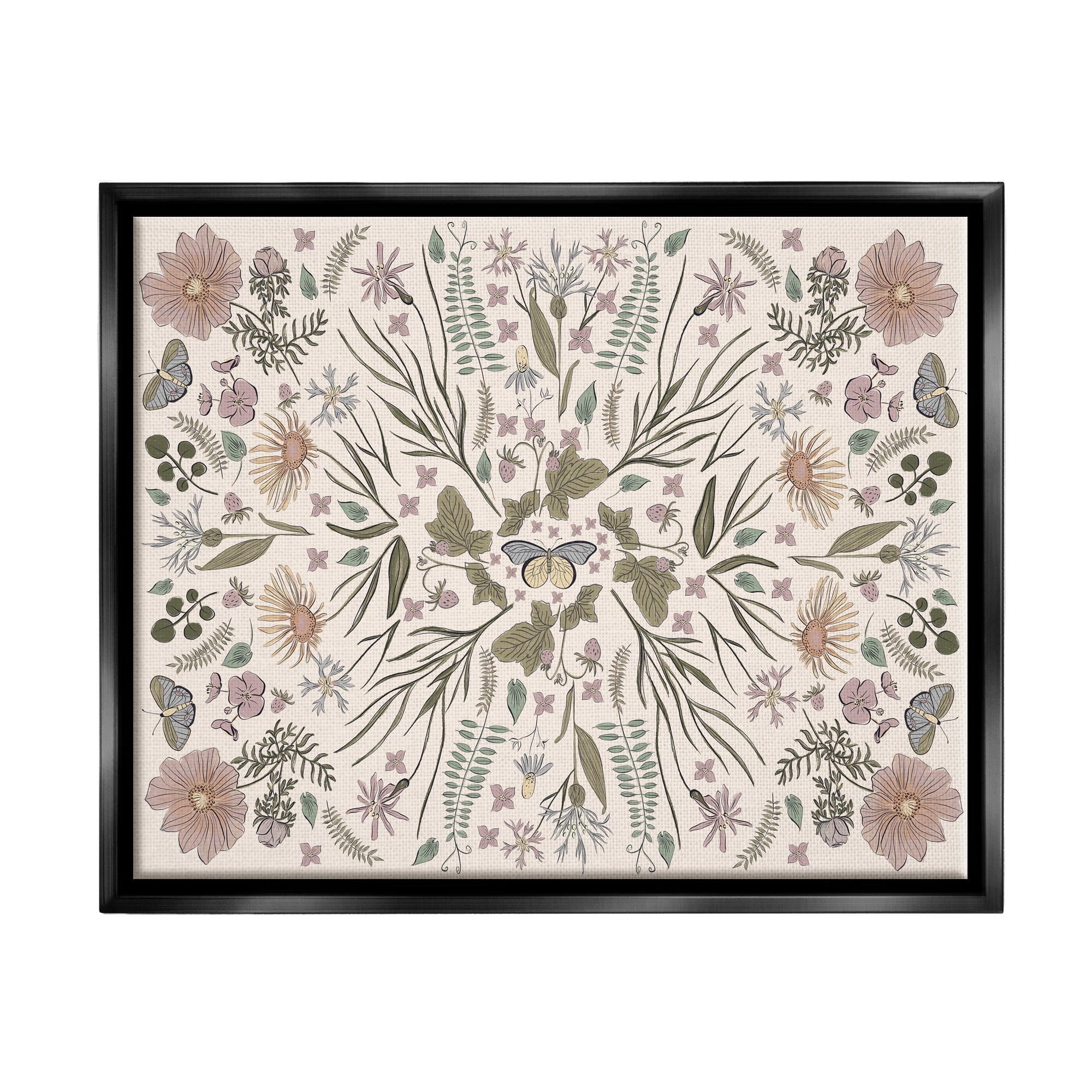 Stupell Industries Delicate Botanical Pattern Intricate Butterfly Insects Motif Graphic Art Jet Black Floating Framed Canvas Print Wall Art, Design by Birgit Maria Kiennast