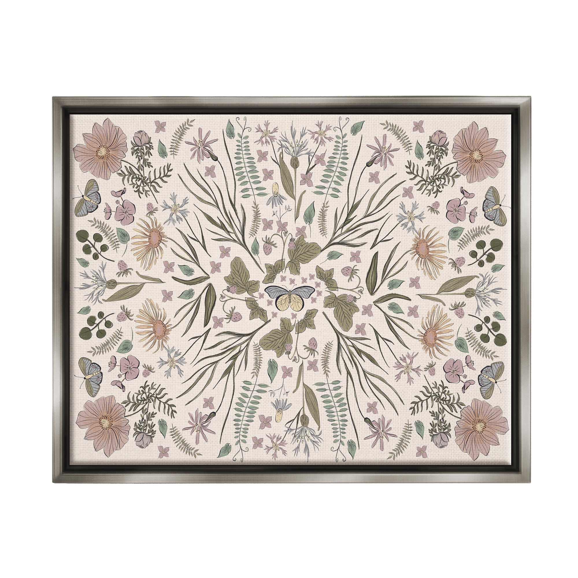 Stupell Industries Delicate Botanical Pattern Intricate Butterfly Insects Motif Graphic Art Luster Gray Floating Framed Canvas Print Wall Art, Design by Birgit Maria Kiennast