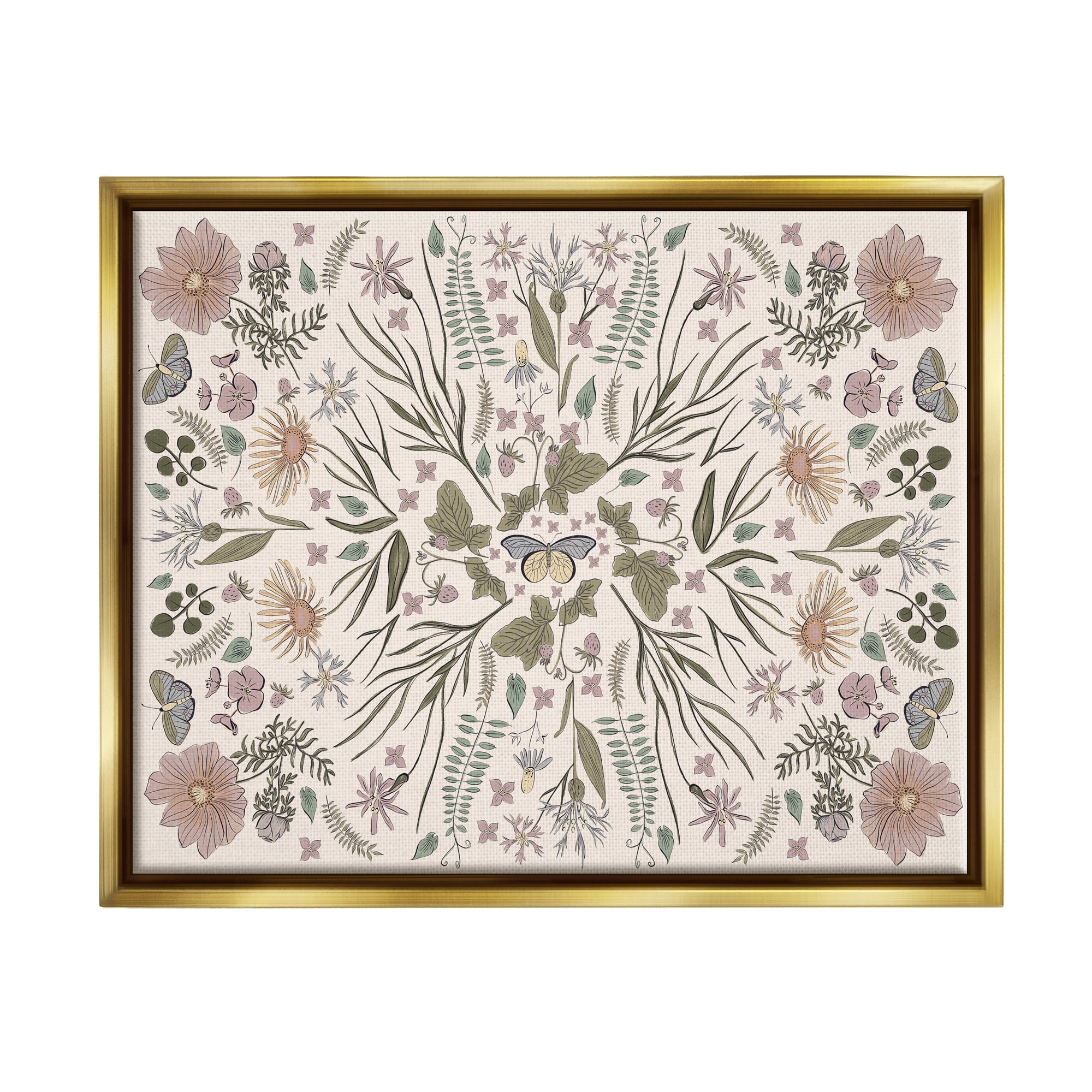 Stupell Industries Delicate Botanical Pattern Intricate Butterfly Insects Motif Graphic Art Metallic Gold Floating Framed Canvas Print Wall Art, Design by Birgit Maria Kiennast