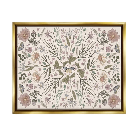 Stupell Industries Delicate Botanical Pattern Intricate Butterfly Insects Motif Graphic Art Metallic Gold Floating Framed Canvas Print Wall Art, Design by Birgit Maria Kiennast
