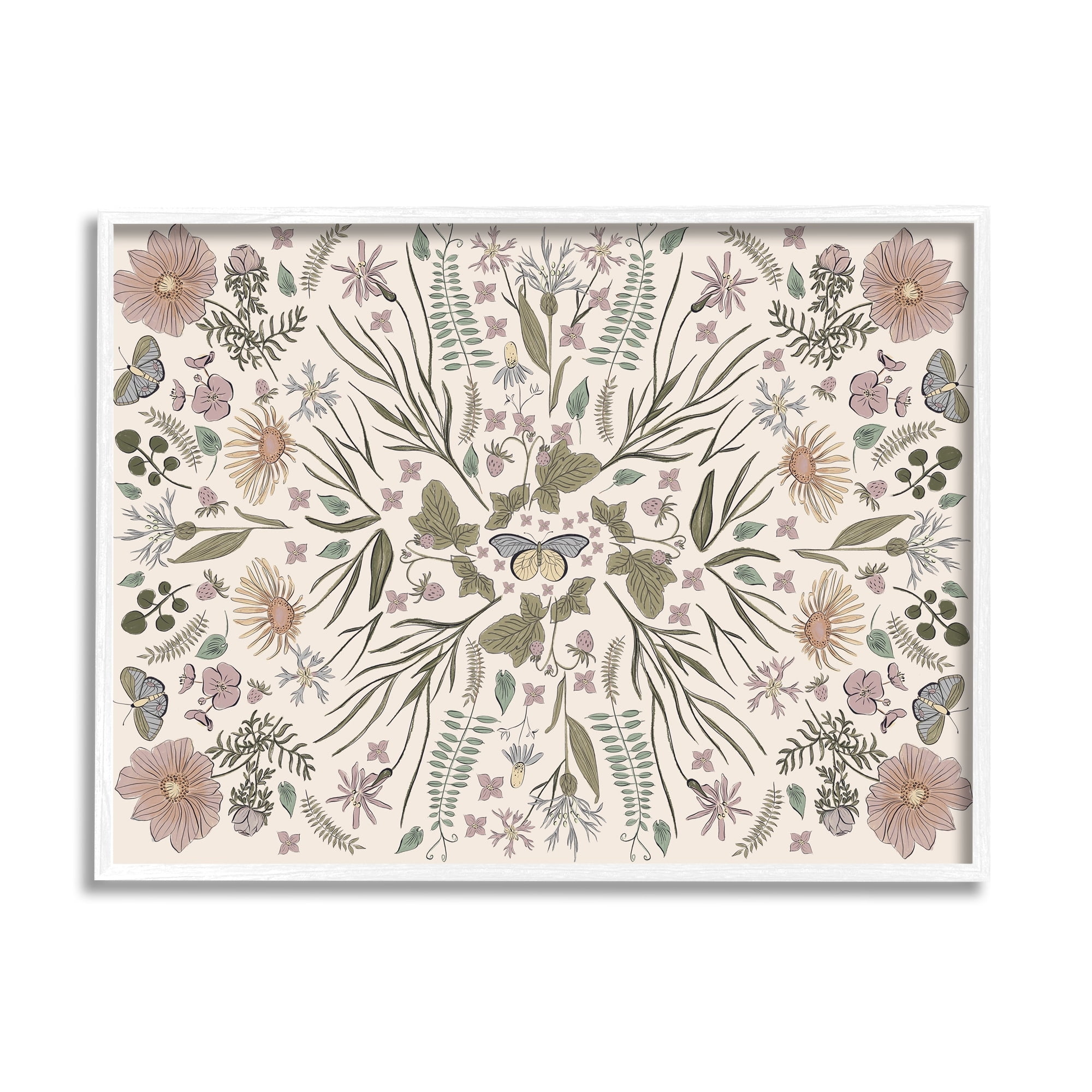 Stupell Industries Delicate Botanical Pattern Intricate Butterfly Insects Motif Graphic Art White Framed Art Print Wall Art, Design by Birgit Maria Kiennast