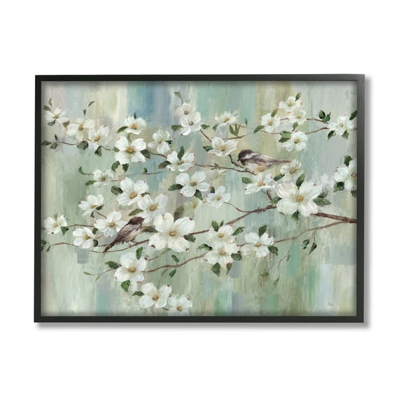 Stupell Industries Delicate Cherry Blossom Flowers Perched Birds Classic Painting Painting Black Framed Art Print Wall Art, Design by Nan