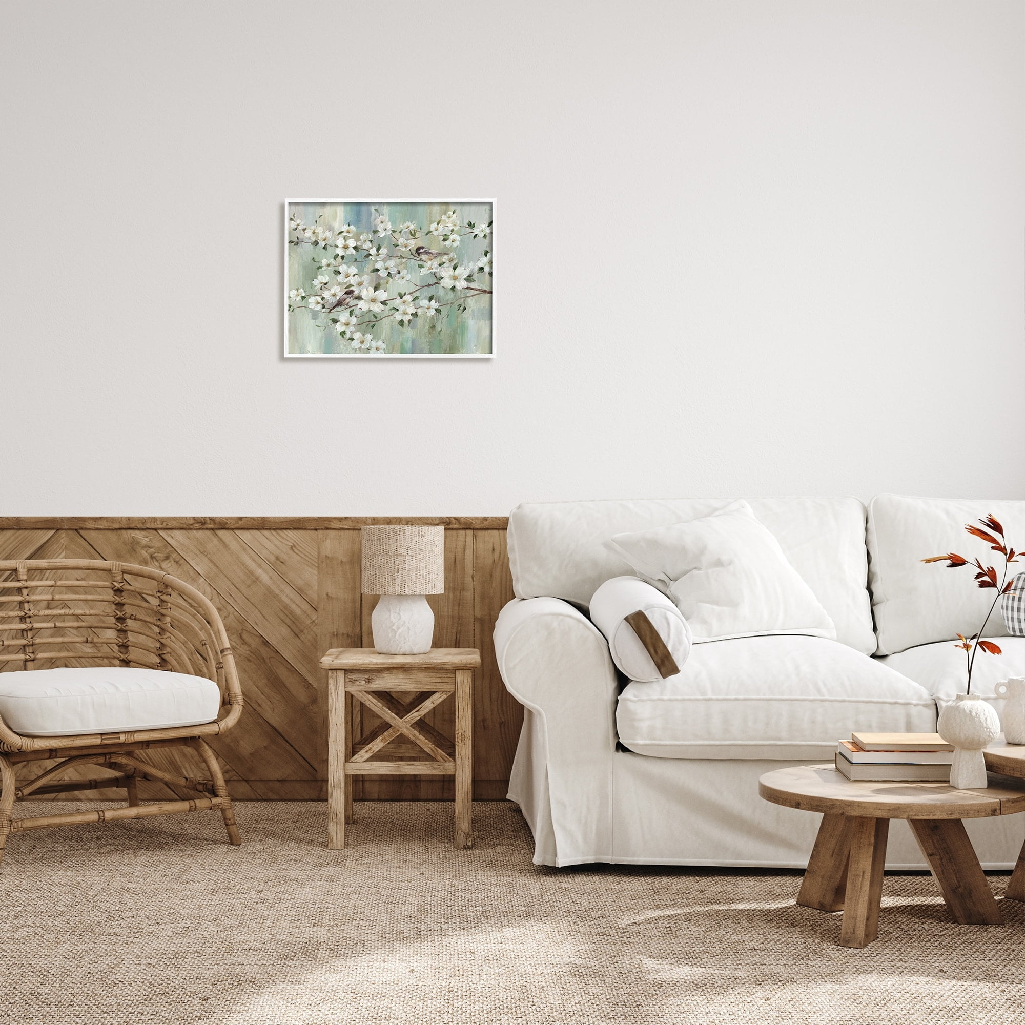 White Framed Canvas Print with Cherry Blossom and Birds, 20 x 16