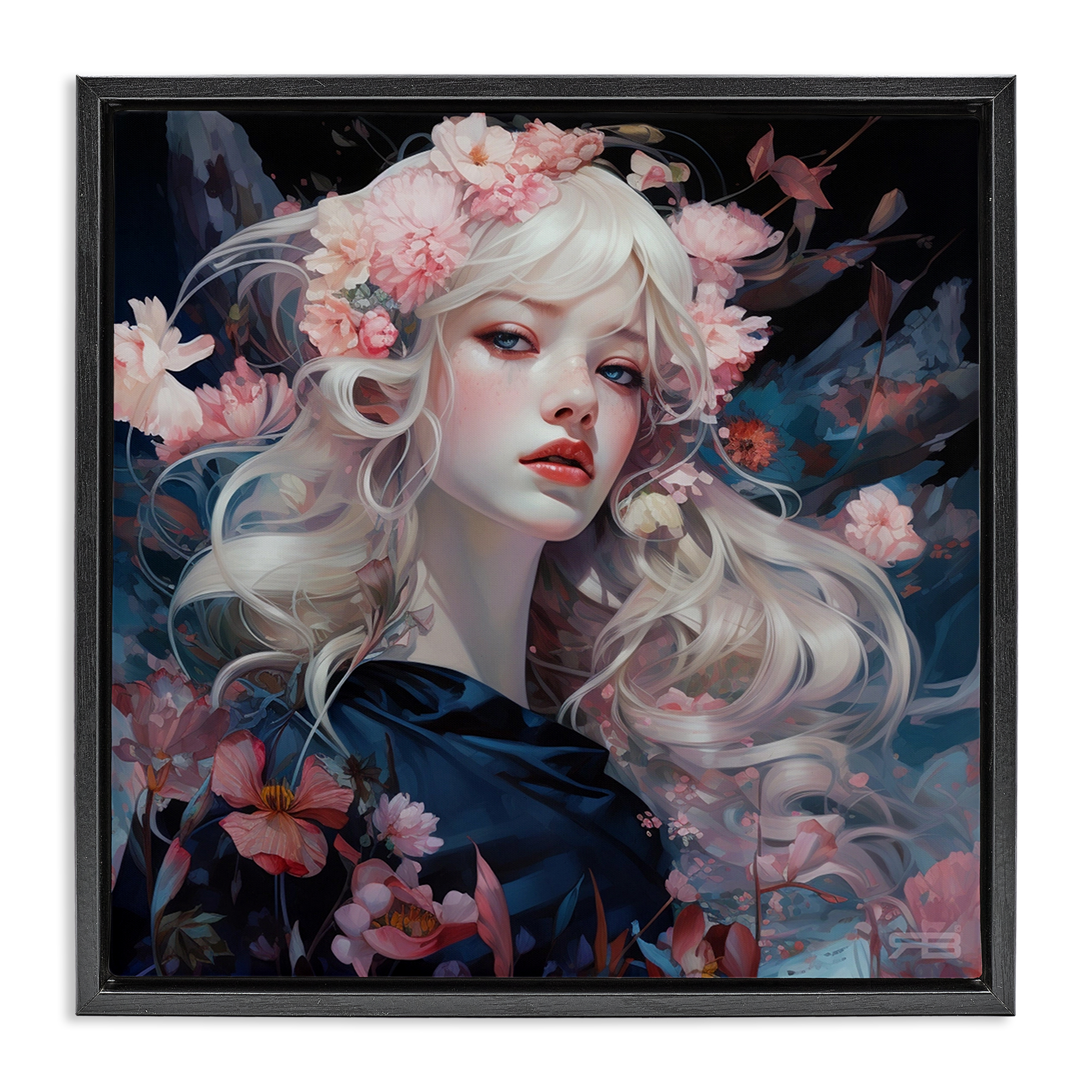 Stupell Industries Delicate Florals Portrait People Painting Black Floater Framed Canvas Art Print Wall Art, 25 x 25