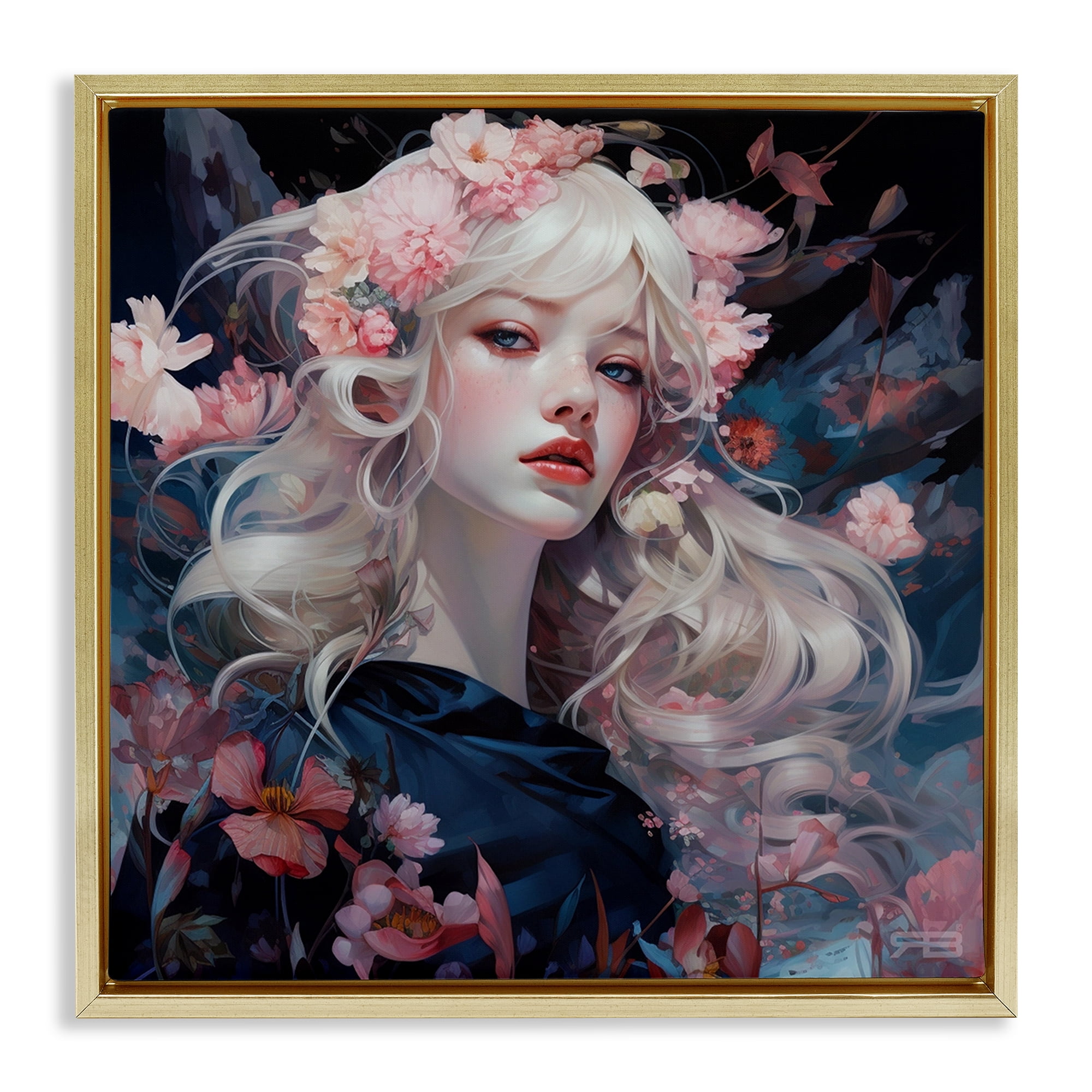 Stupell Industries Delicate Florals Portrait People Painting Gold Floater Framed Canvas Art Print Wall Art, 25 x 25