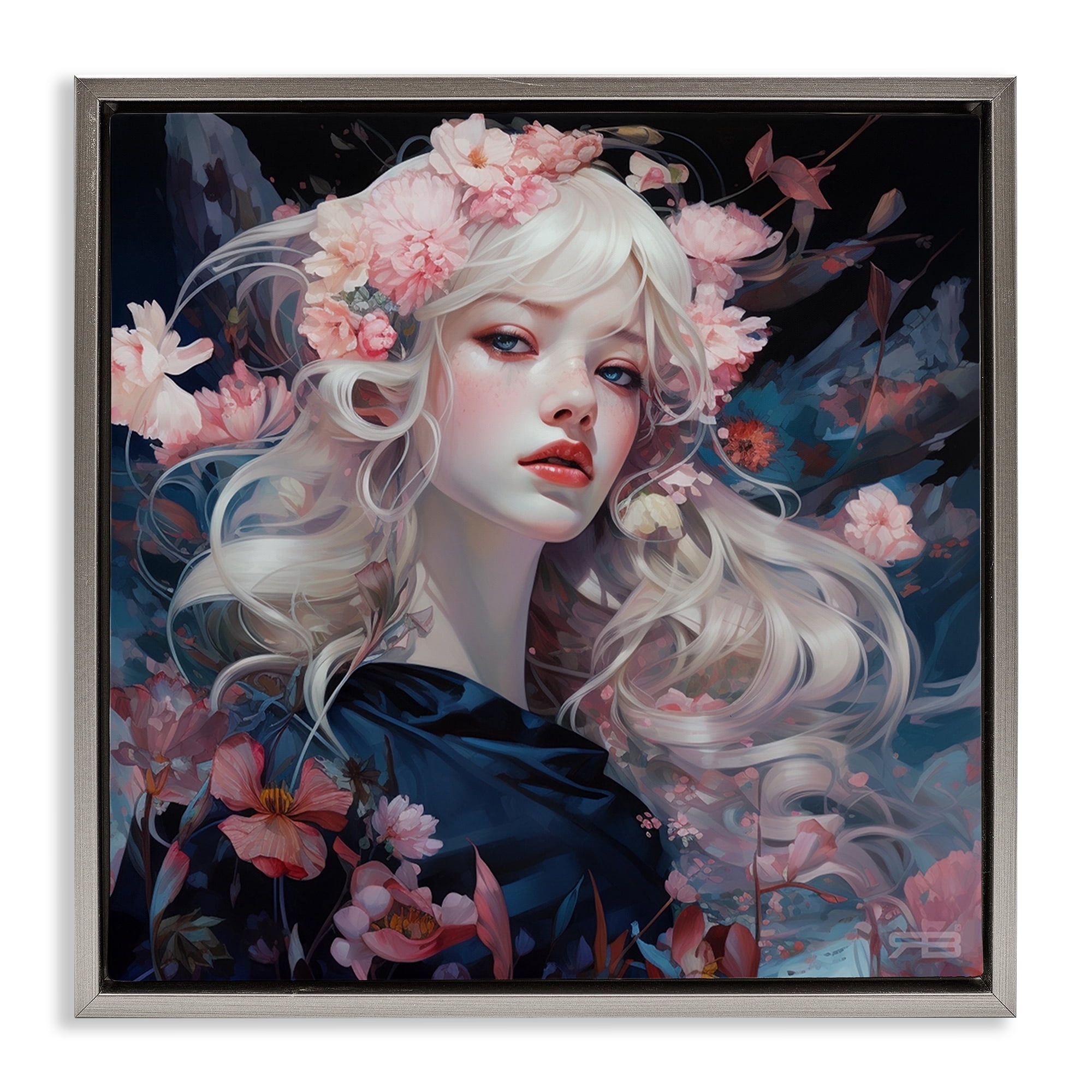 Stupell Industries Delicate Florals Portrait People Painting Gray Floater Framed Canvas Art Print Wall Art, 18 x 18