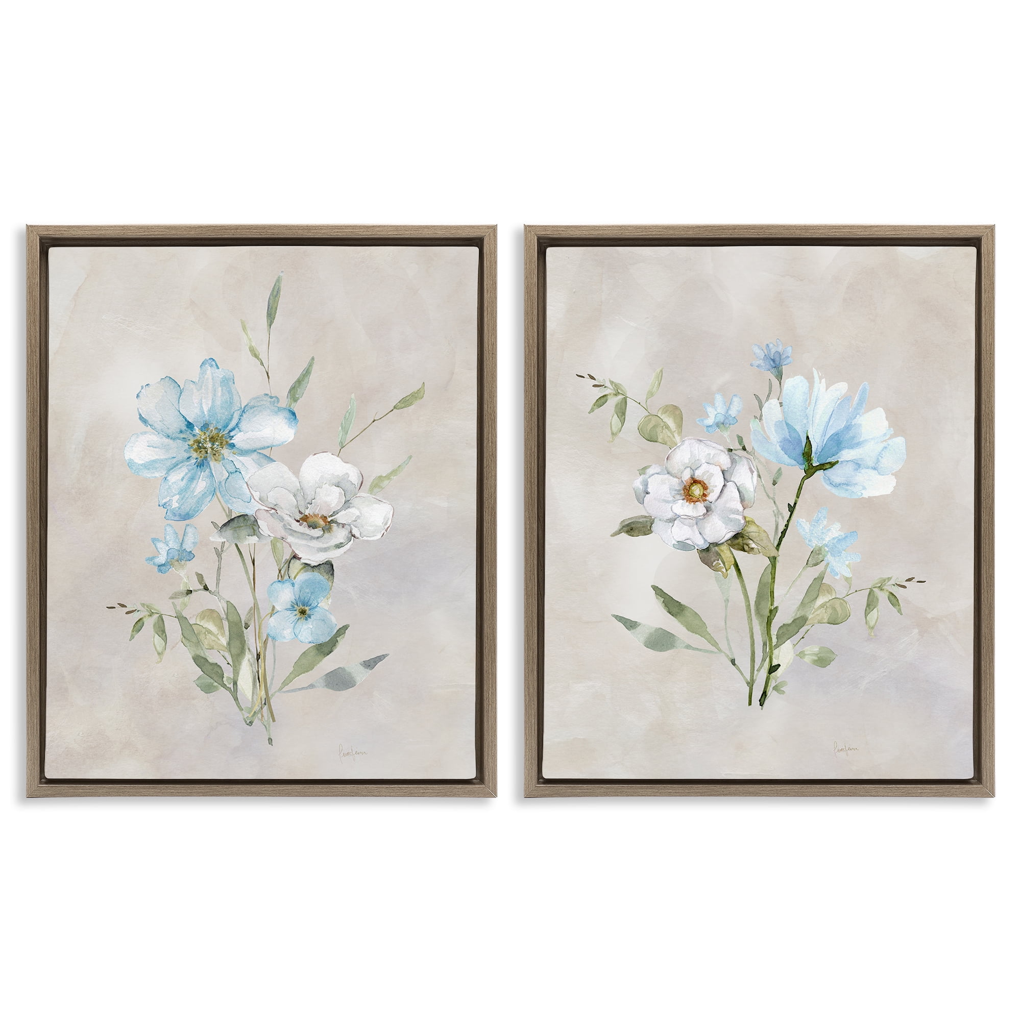 Stupell Industries Delicate Flower Tendrils Plants & Flowers Painting Brown Floater Framed Canvas Art Print Wall Art, 17 x 21, Set of 2
