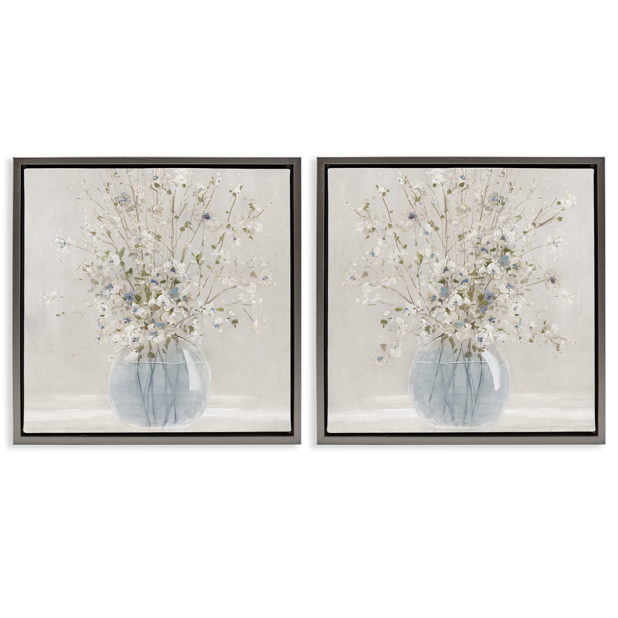 Stupell Industries Delicate Glass Vase Bouquet 2 Piece Gray Framed Floater Canvas Set, design by Carol Robinson