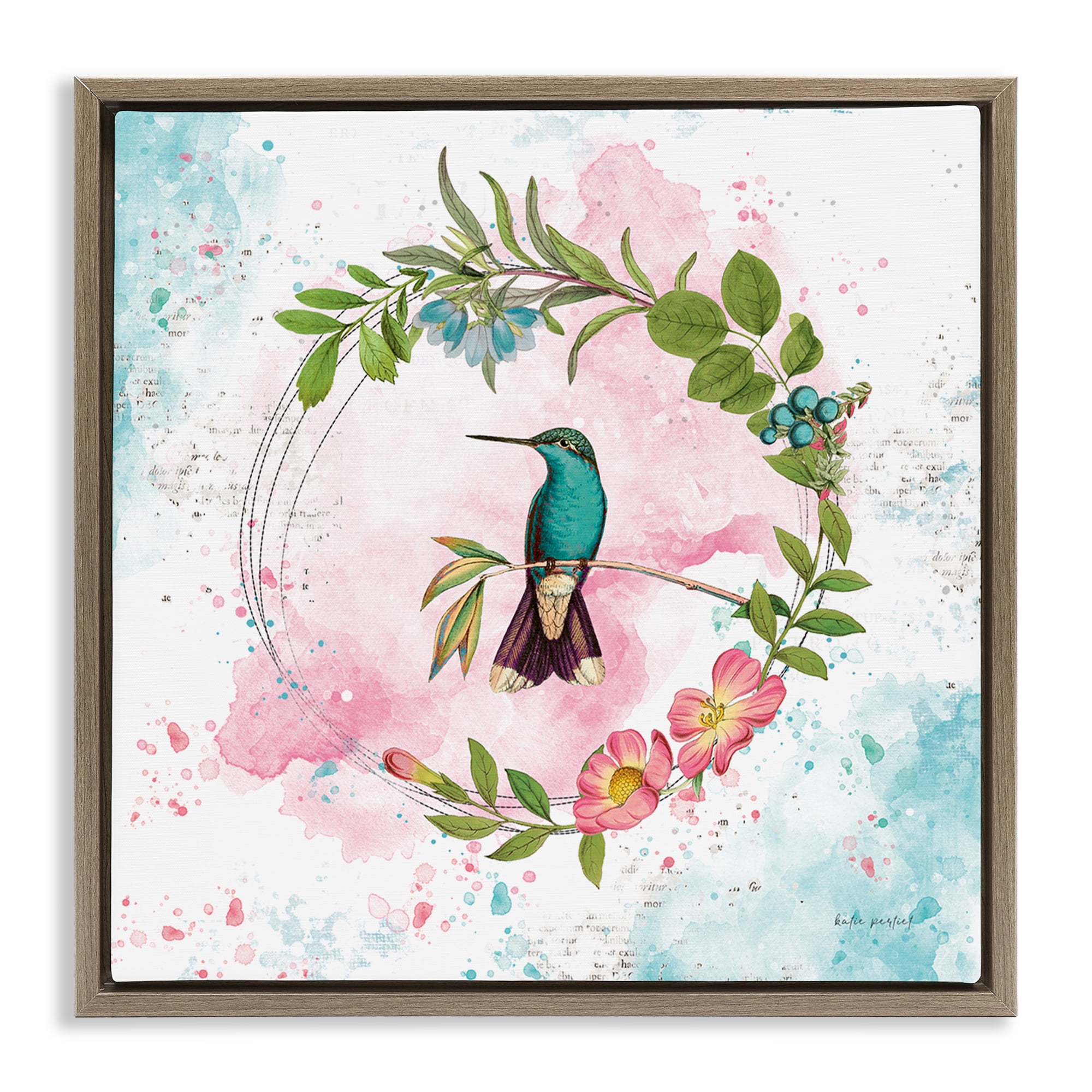 Stupell Industries Delicate Hummingbird Wreath Animals Painting Brown Floater Framed Canvas Art Print Wall Art, 18 x 18