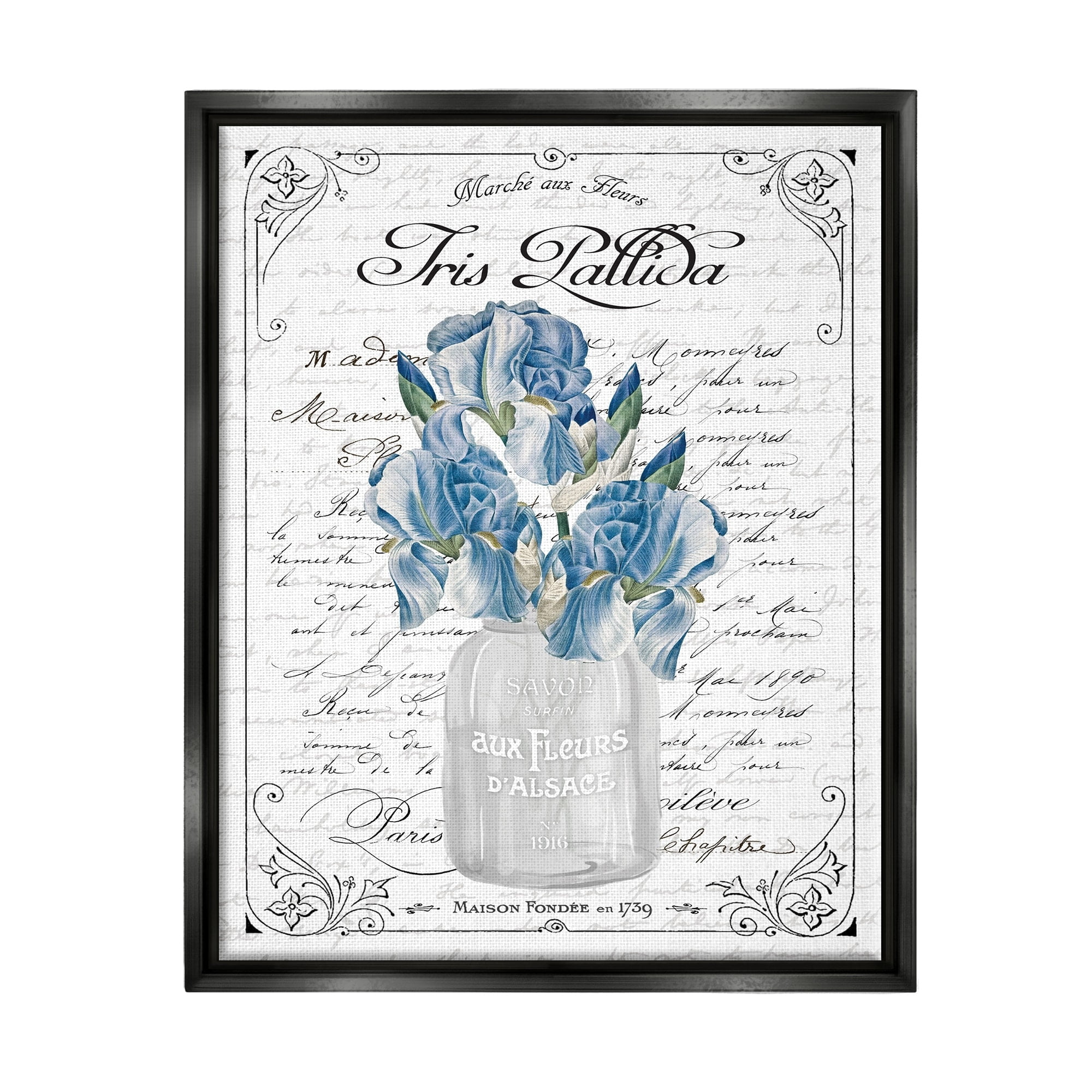 Stupell Industries Delicate Iris Flower Bouquet Ornate French Script Border Graphic Art Jet Black Floating Framed Canvas Print Wall Art, Design by Lettered and Lined