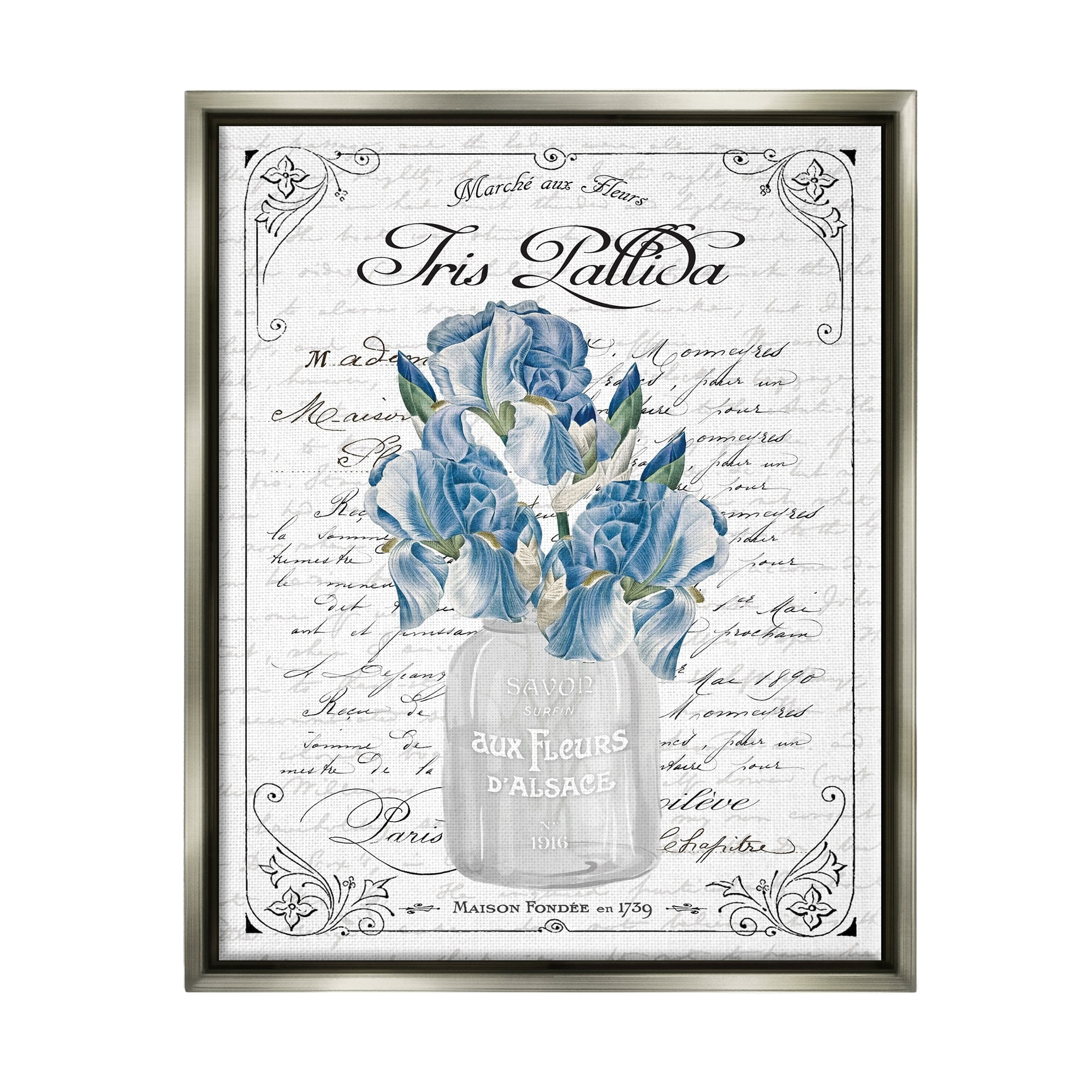 Stupell Industries Delicate Iris Flower Bouquet Ornate French Script Border Graphic Art Luster Gray Floating Framed Canvas Print Wall Art, Design by Lettered and Lined