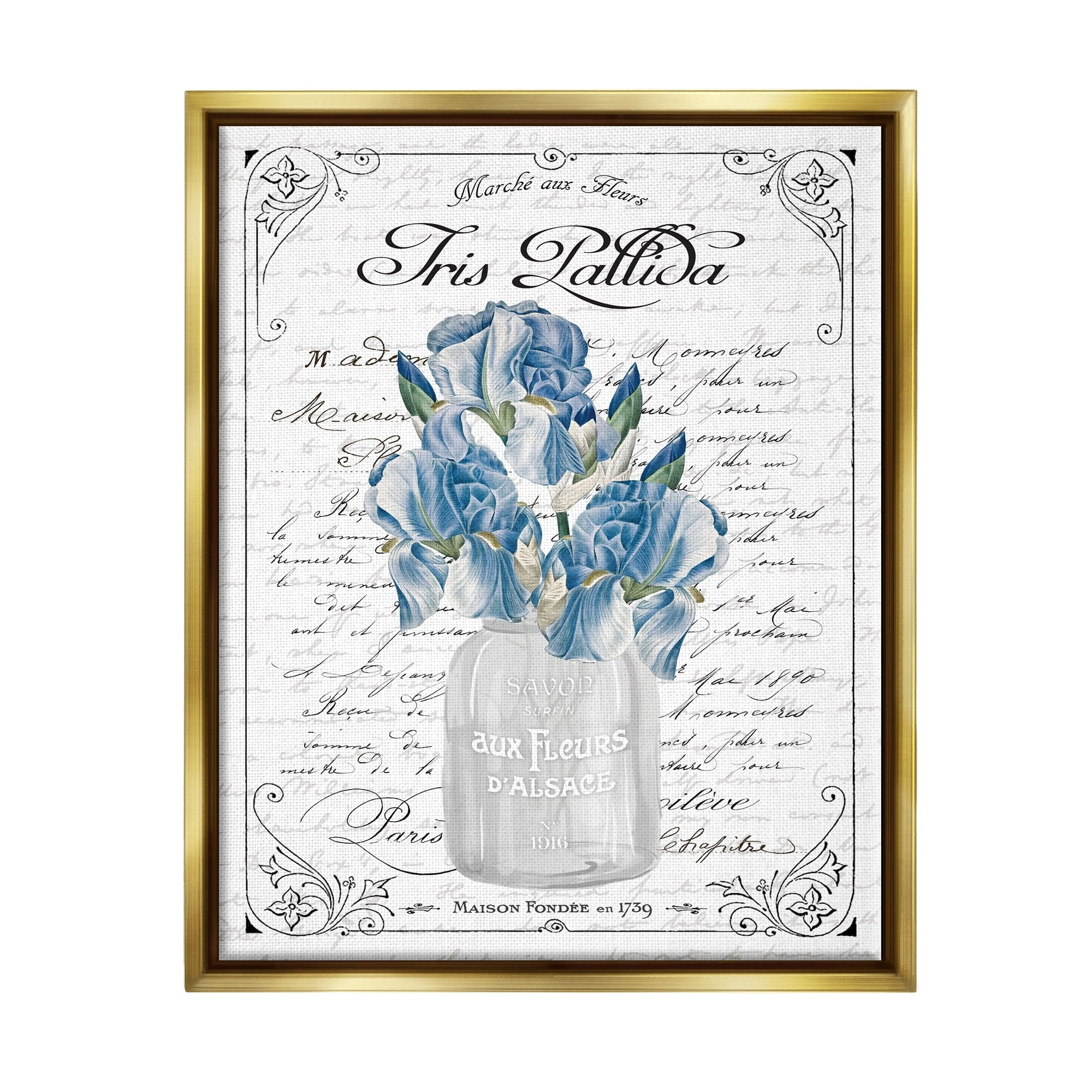 Stupell Industries Delicate Iris Flower Bouquet Ornate French Script Border Graphic Art Metallic Gold Floating Framed Canvas Print Wall Art, Design by Lettered and Lined