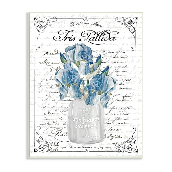 Stupell Industries Delicate Iris Flower Bouquet Ornate French Script Border Graphic Art Unframed Art Print Wall Art, Design by Lettered and Lined