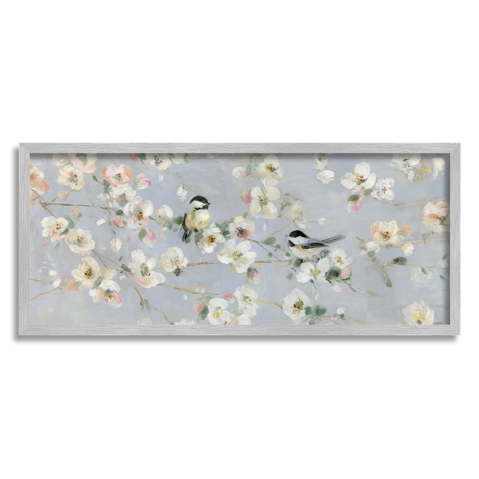 Stupell Industries Delicate Little Birds Between Cherry Blossom Branches Painting Gray Framed Art Print Wall Art, Design by Sally Swatland