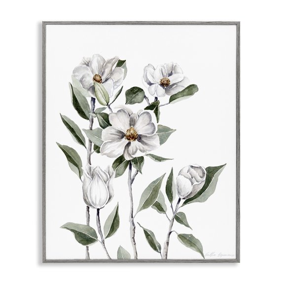 Stupell Industries Delicate Magnolia Sprigs Floral Painting Gray Framed Art Print Wall Art, 11 x 14