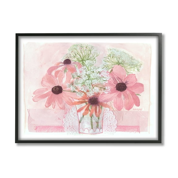 Stupell Industries Delicate Pink Flower Blossoms Bouquet Doily Vase Graphic Art Black Framed Art Print Wall Art, Design by unknown
