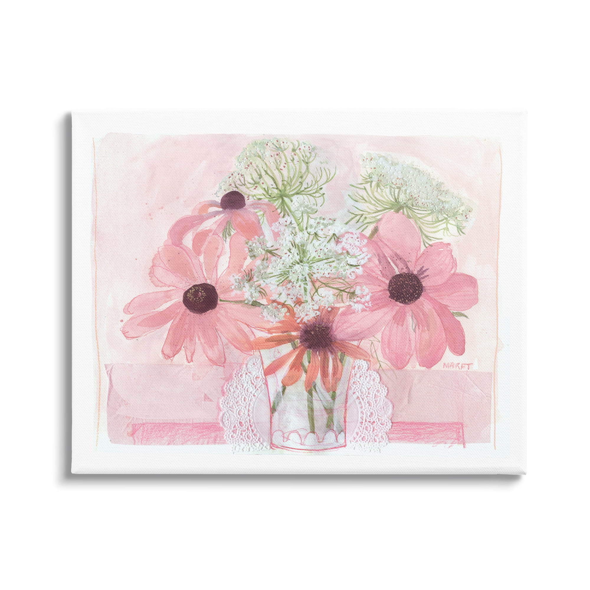 Stupell Industries Delicate Pink Flower Blossoms Bouquet Doily Vase Graphic Art Gallery Wrapped Canvas Print Wall Art, Design by unknown