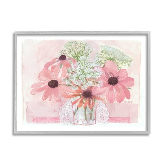 Stupell Industries Delicate Pink Flower Blossoms Bouquet Doily Vase Graphic Art Gray Framed Art Print Wall Art, Design by unknown