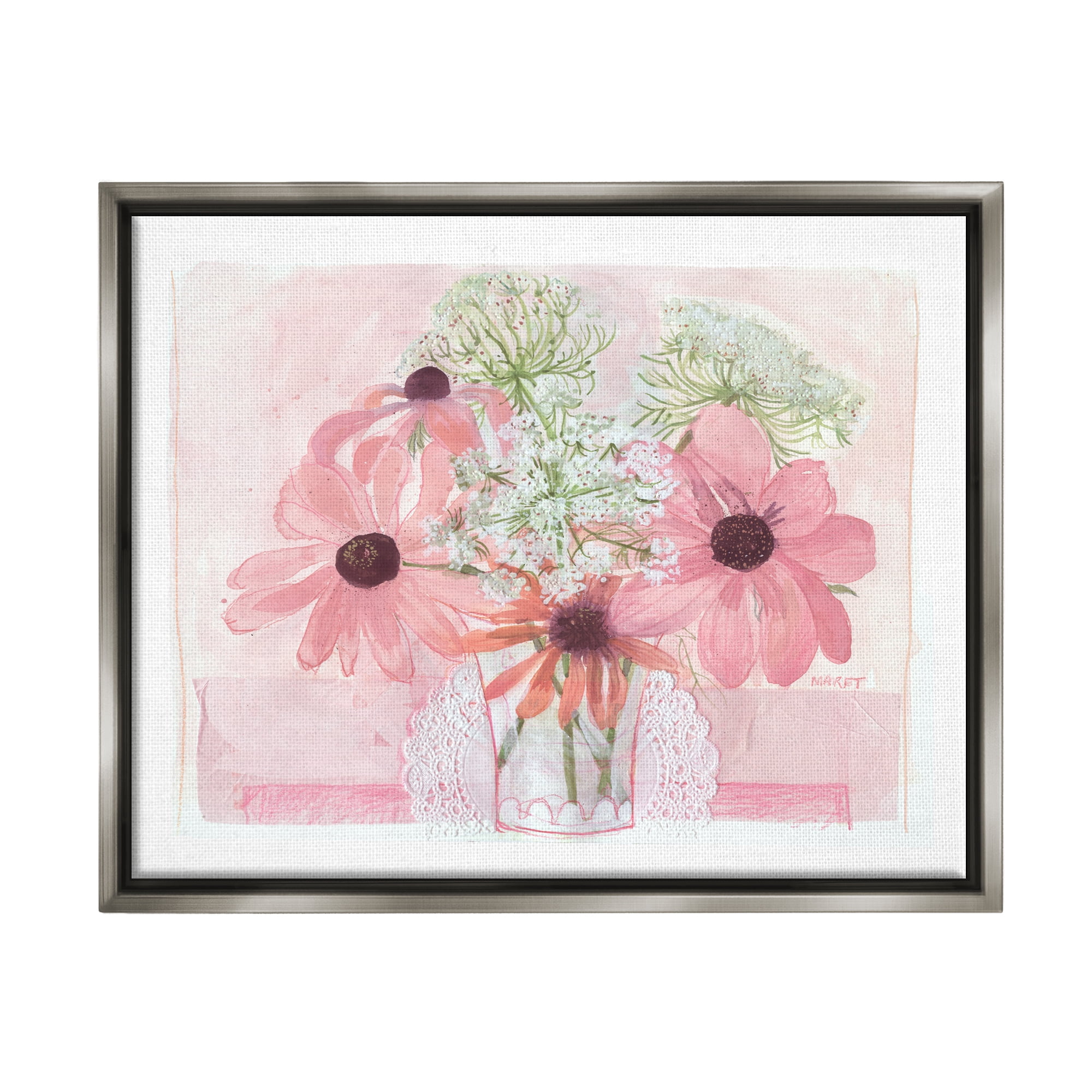 Stupell Industries Delicate Pink Flower Blossoms Bouquet Doily Vase Graphic Art Luster Gray Floating Framed Canvas Print Wall Art, Design by unknown
