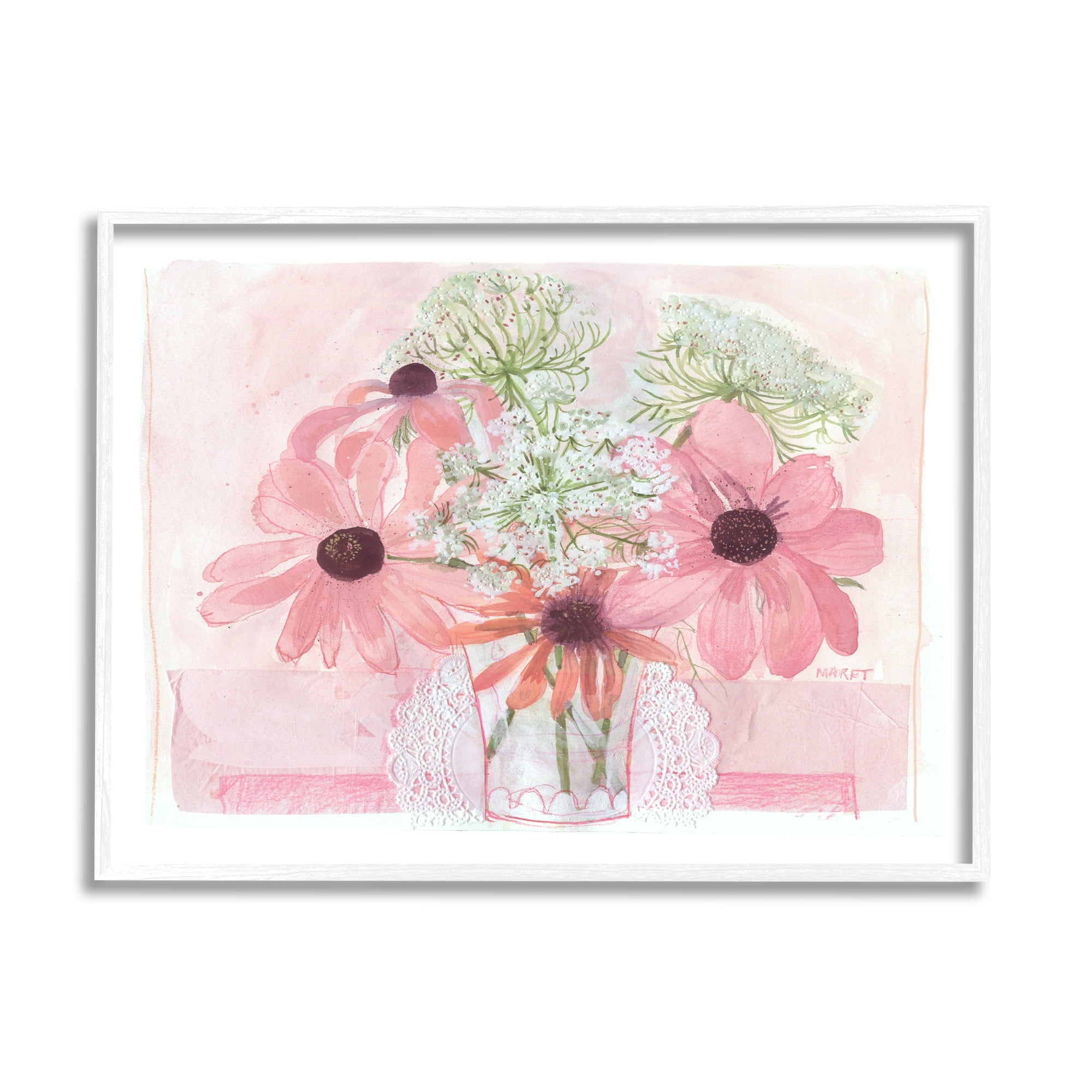 Stupell Industries Delicate Pink Flower Blossoms Bouquet Doily Vase Graphic Art White Framed Art Print Wall Art, Design by unknown